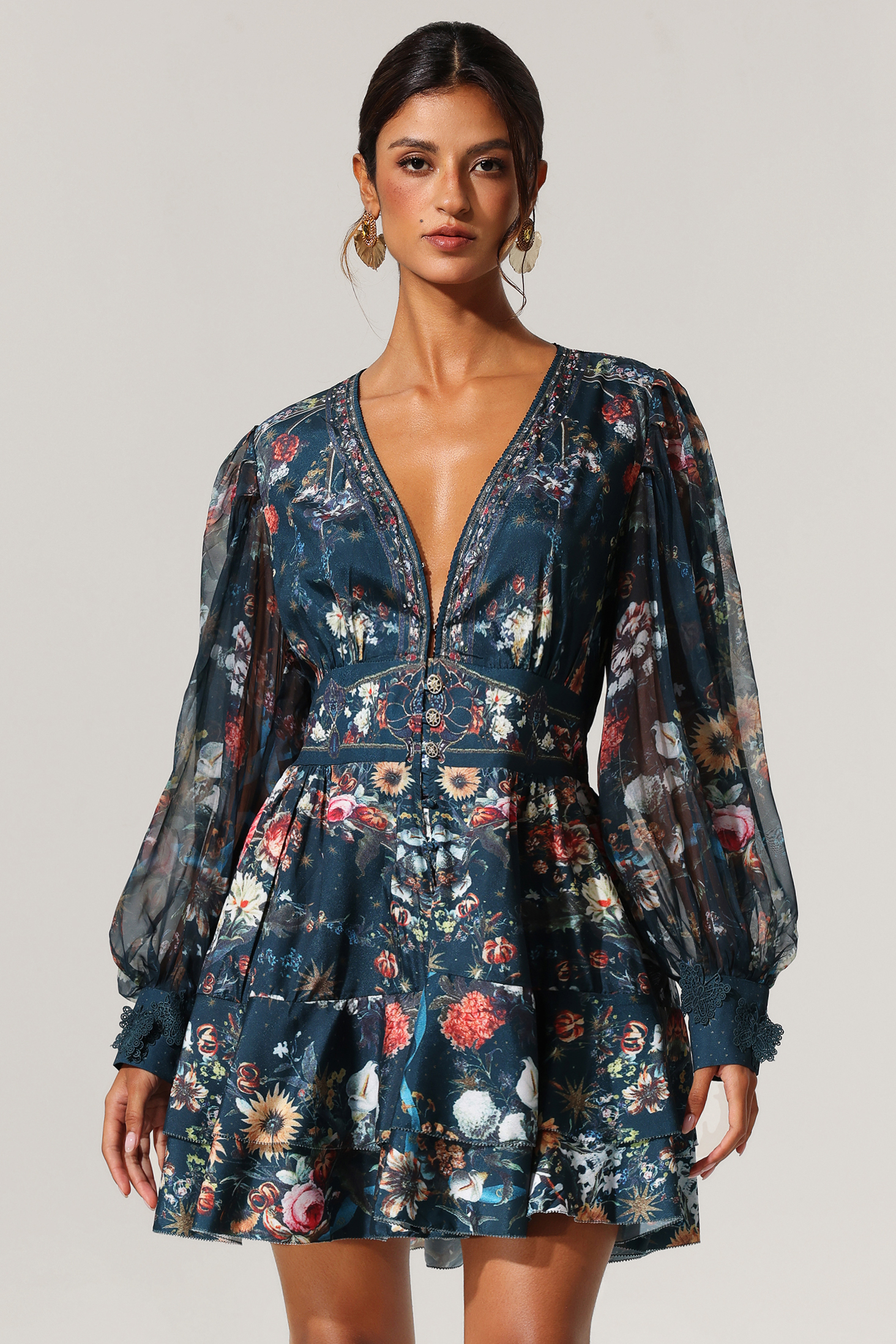 Lina V-Neck Floral Printed Long Sleeves Mini Dress