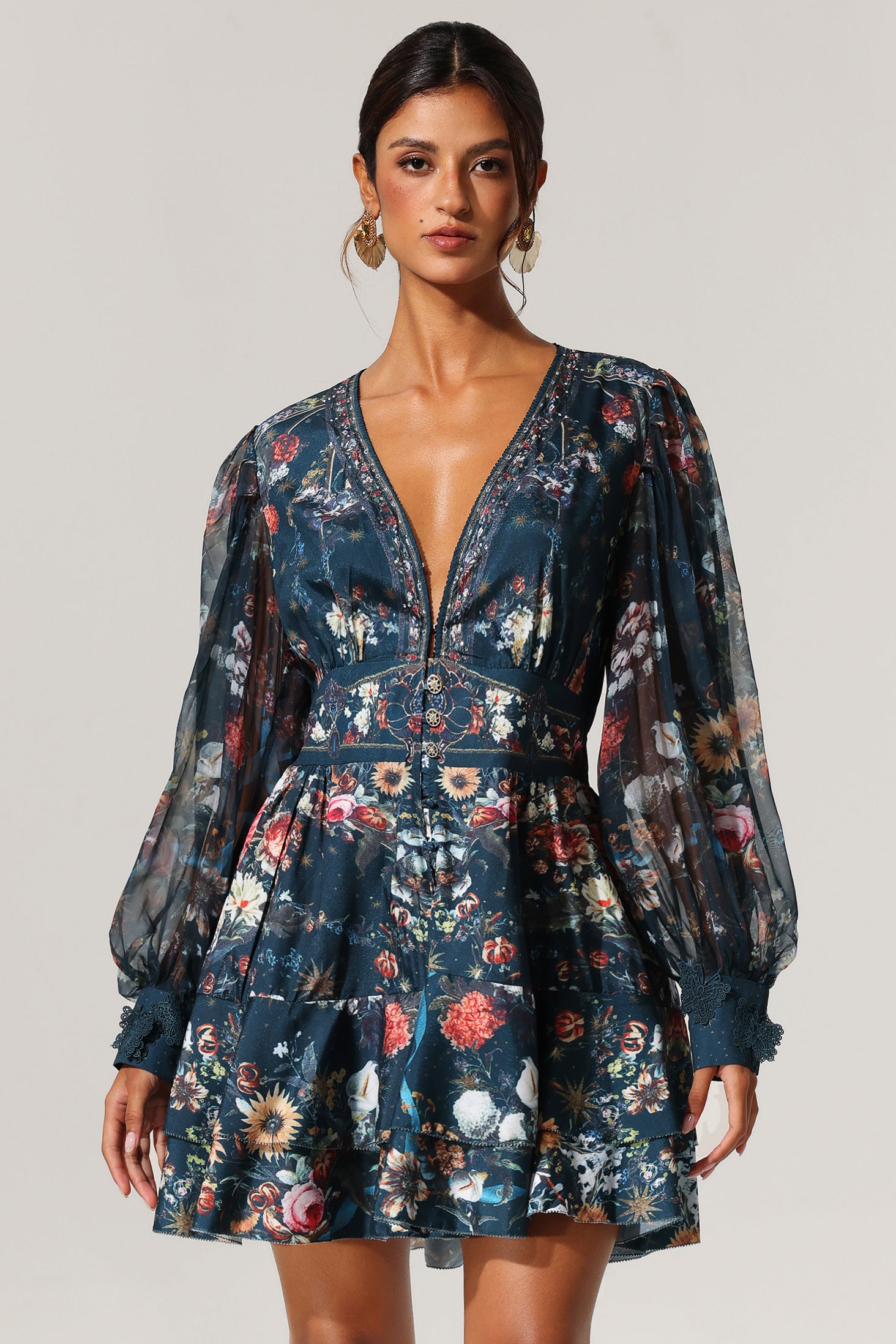 Lina V-Neck Floral Printed Long Sleeves Mini Dress