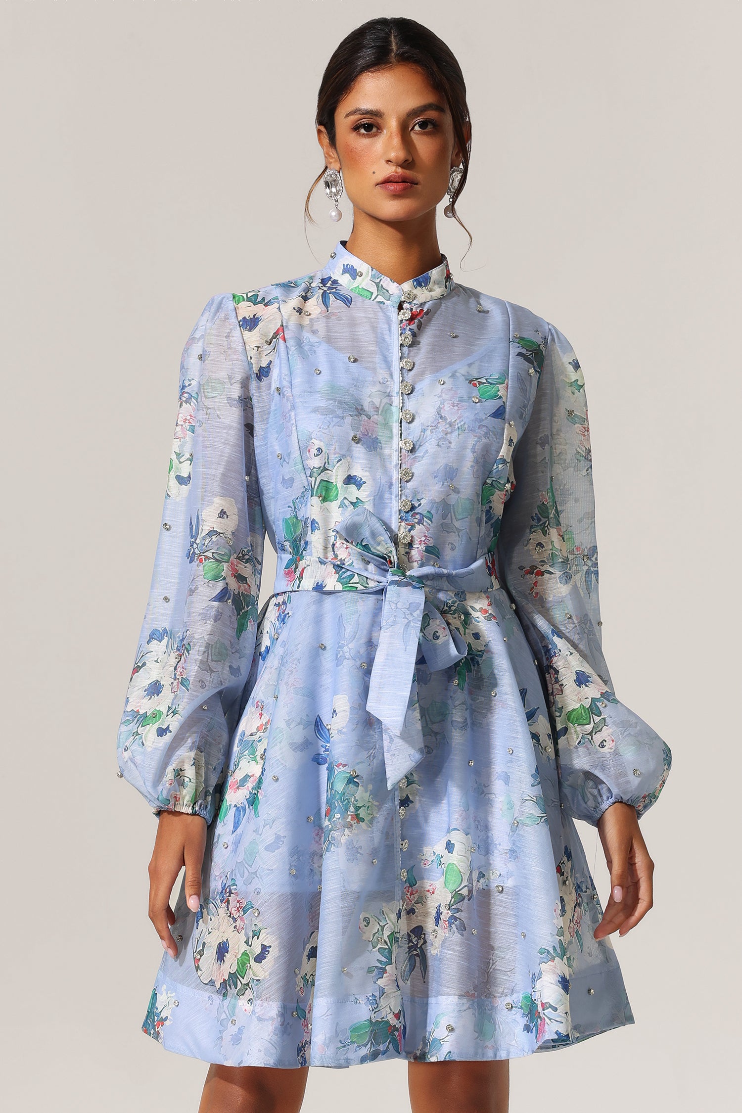 Riza Diamond Floral Printed Long Sleeves Mini Dress
