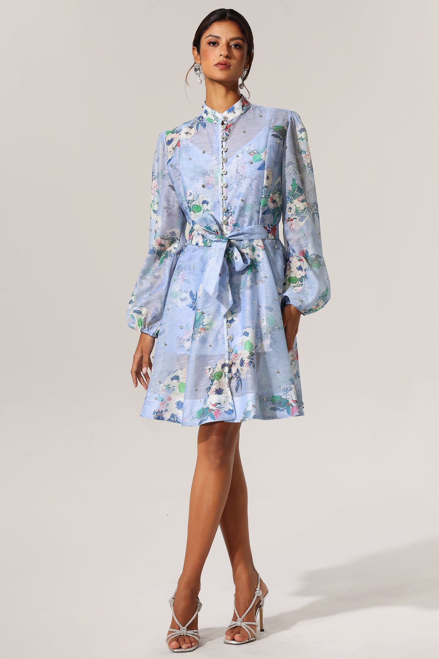 Riza Diamond Floral Printed Long Sleeves Mini Dress