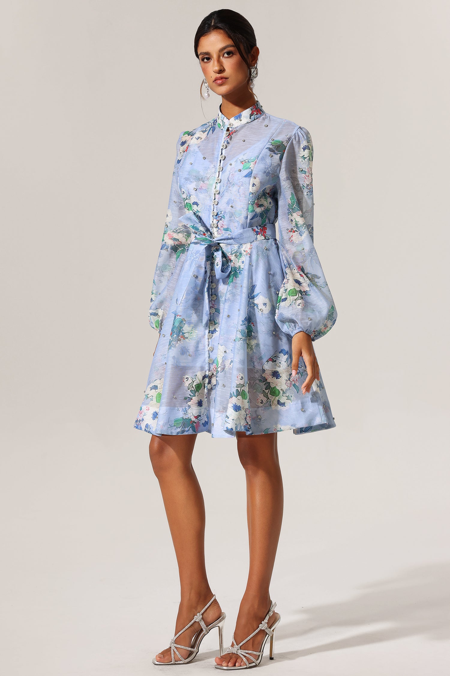 Riza Diamond Floral Printed Long Sleeves Mini Dress