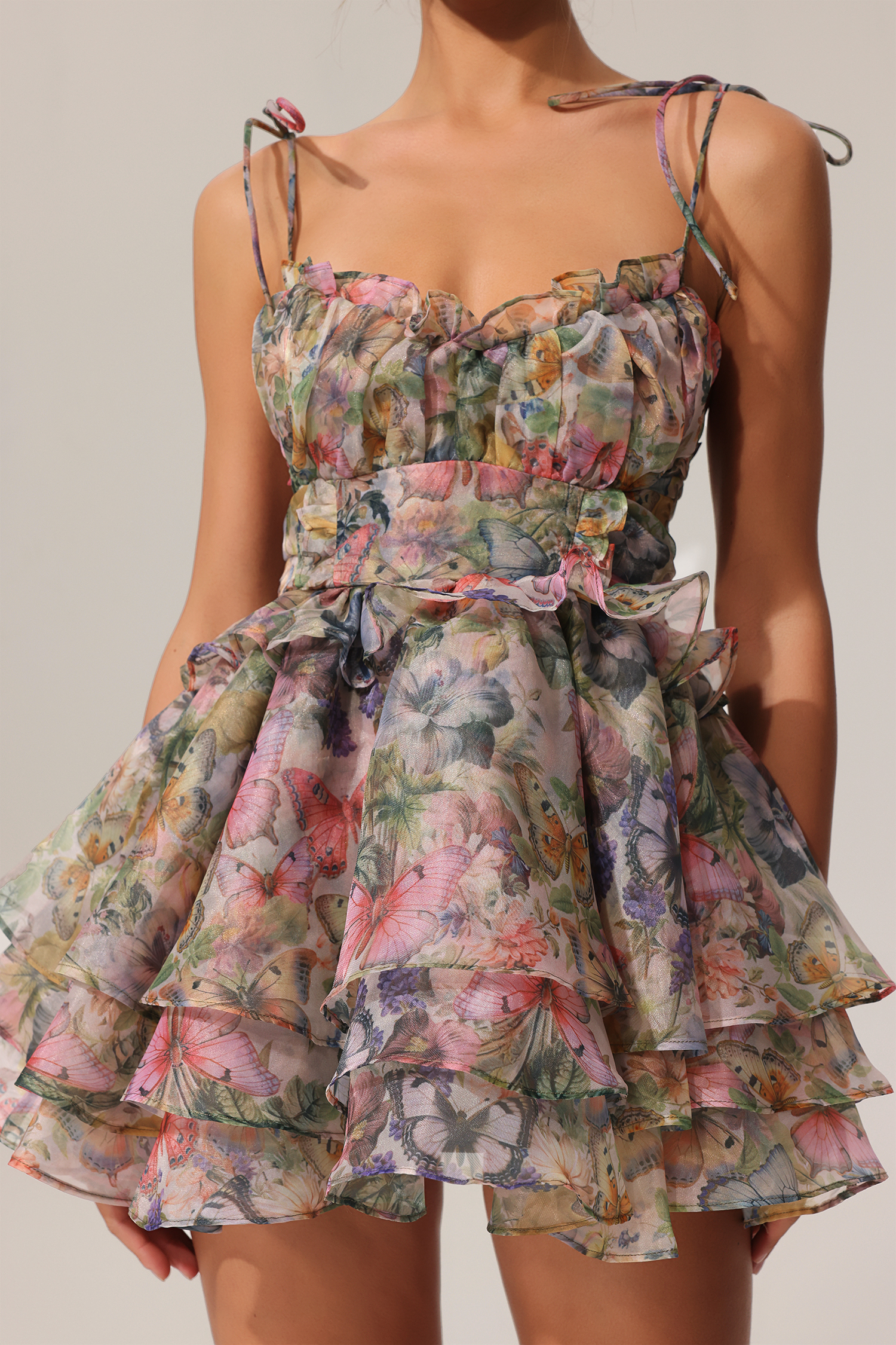 Hester Sleeveless V-Neck Lacing Flounce Mini Dress