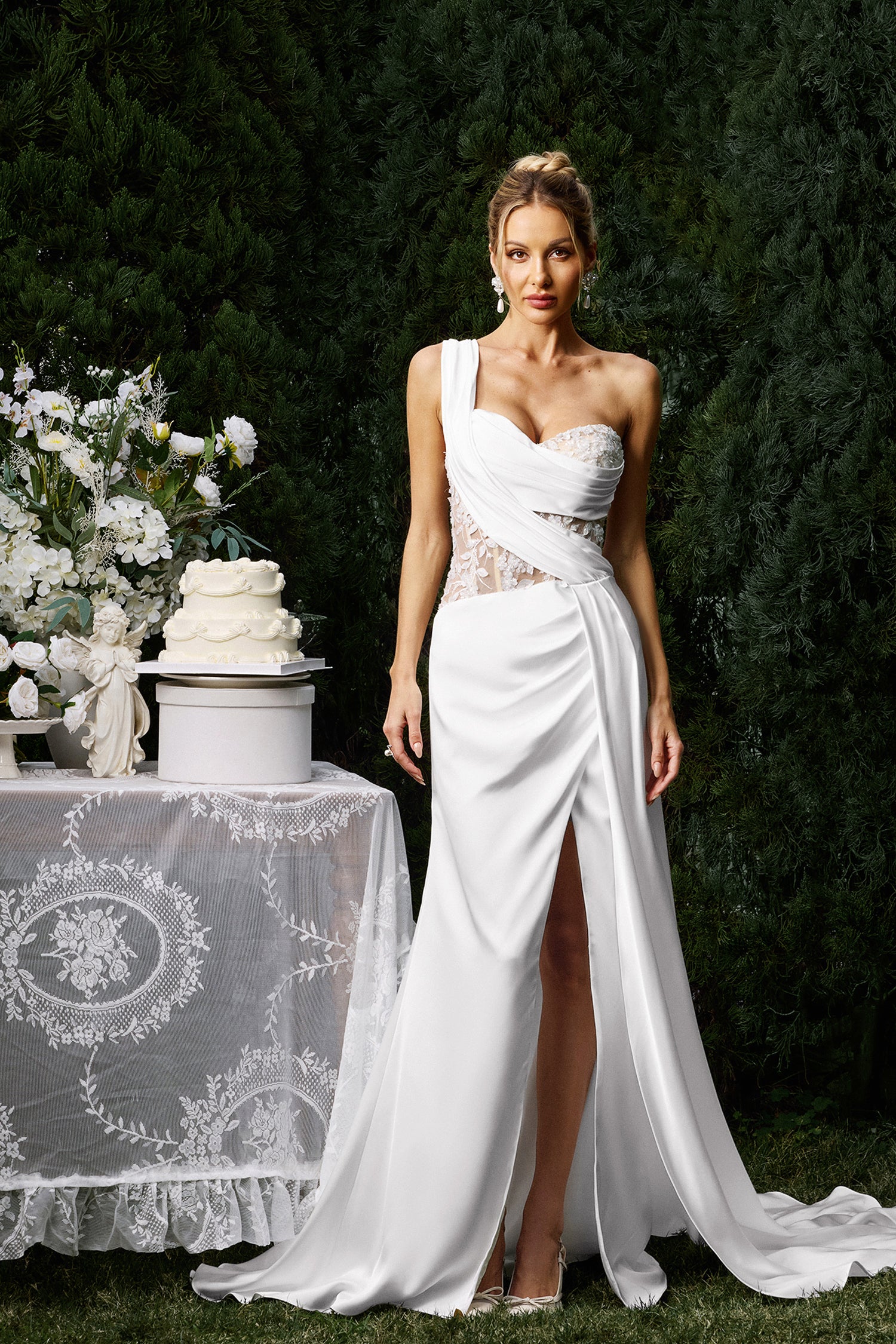 Karmen One Shoulder Sleeveless Lace Slit Maxi Dress