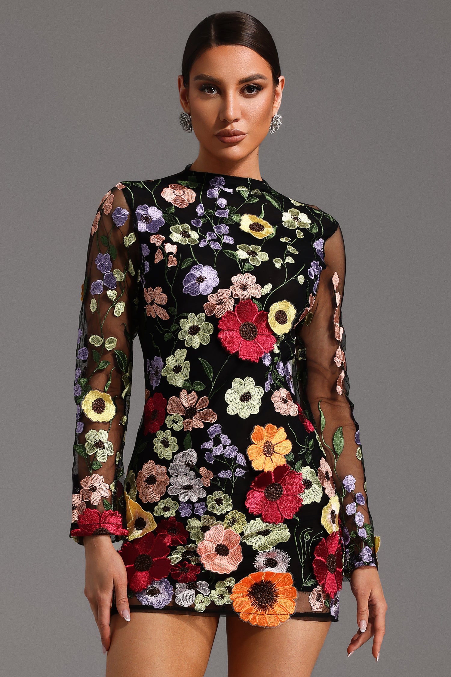 Gricely Long Sleeve Flowers Backless Mini Dress