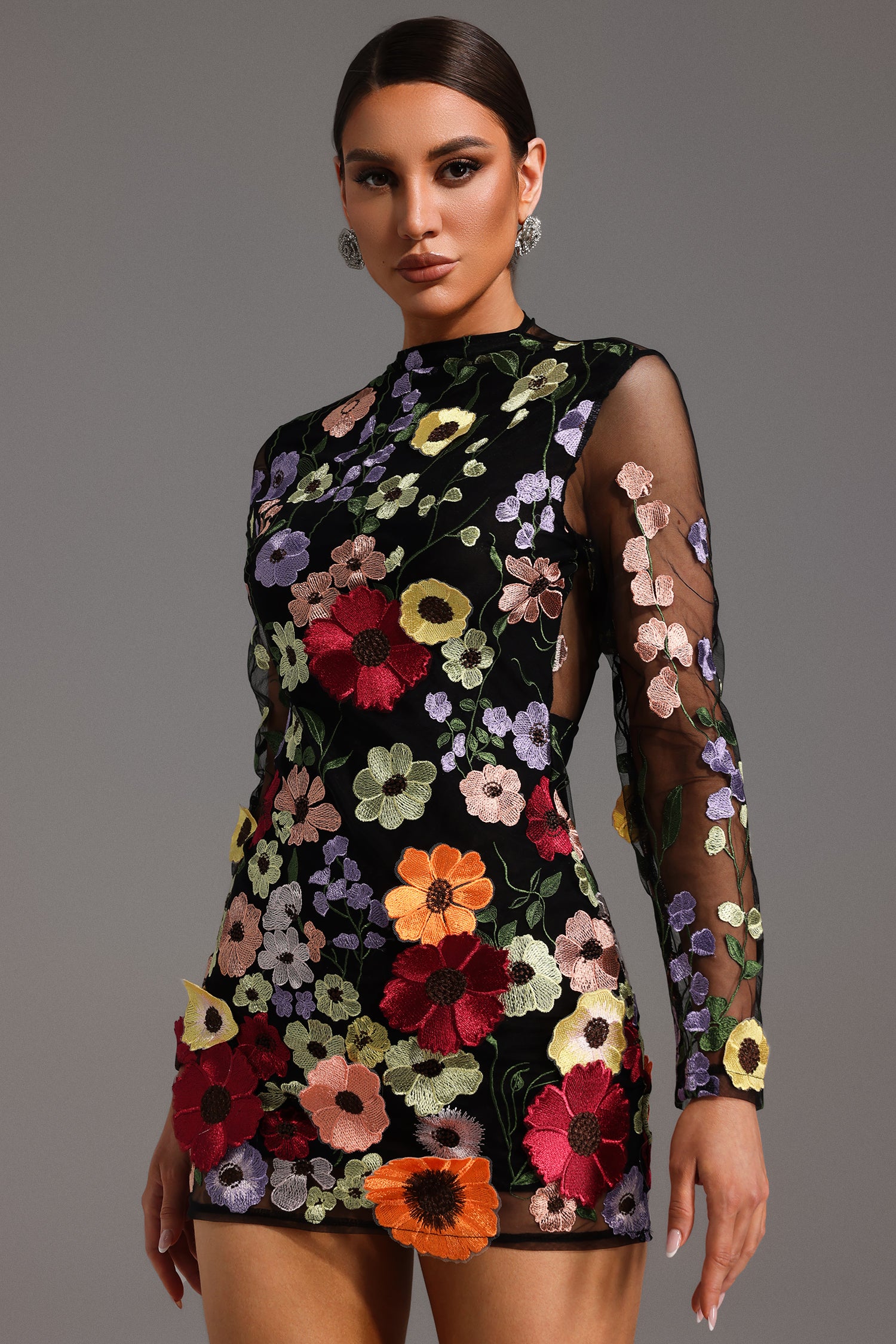 Gricely Long Sleeve Flowers Backless Mini Dress