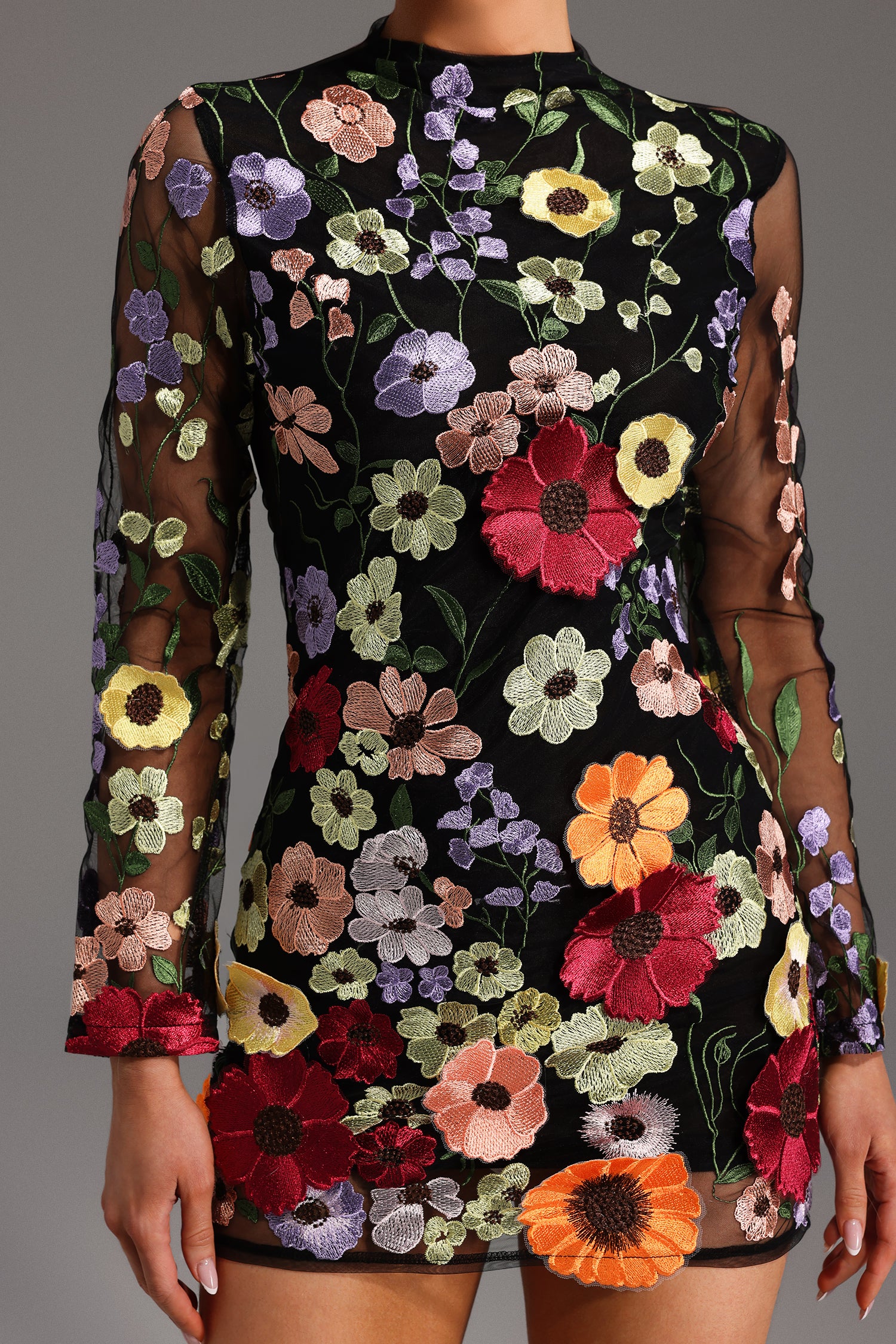 Gricely Long Sleeve Flowers Backless Mini Dress