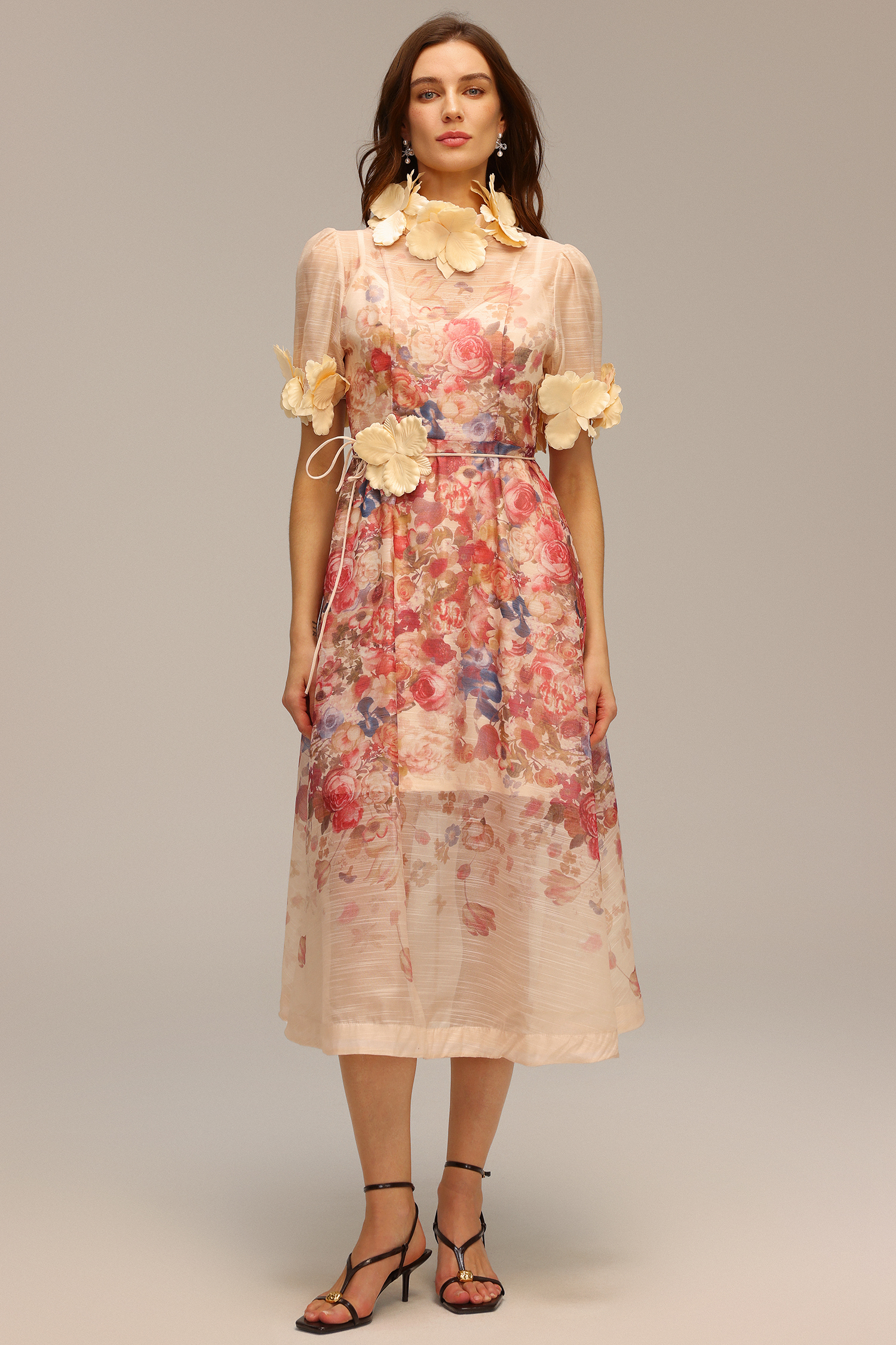 Vernes Short Sleeve Printed Flowers Midi Dress