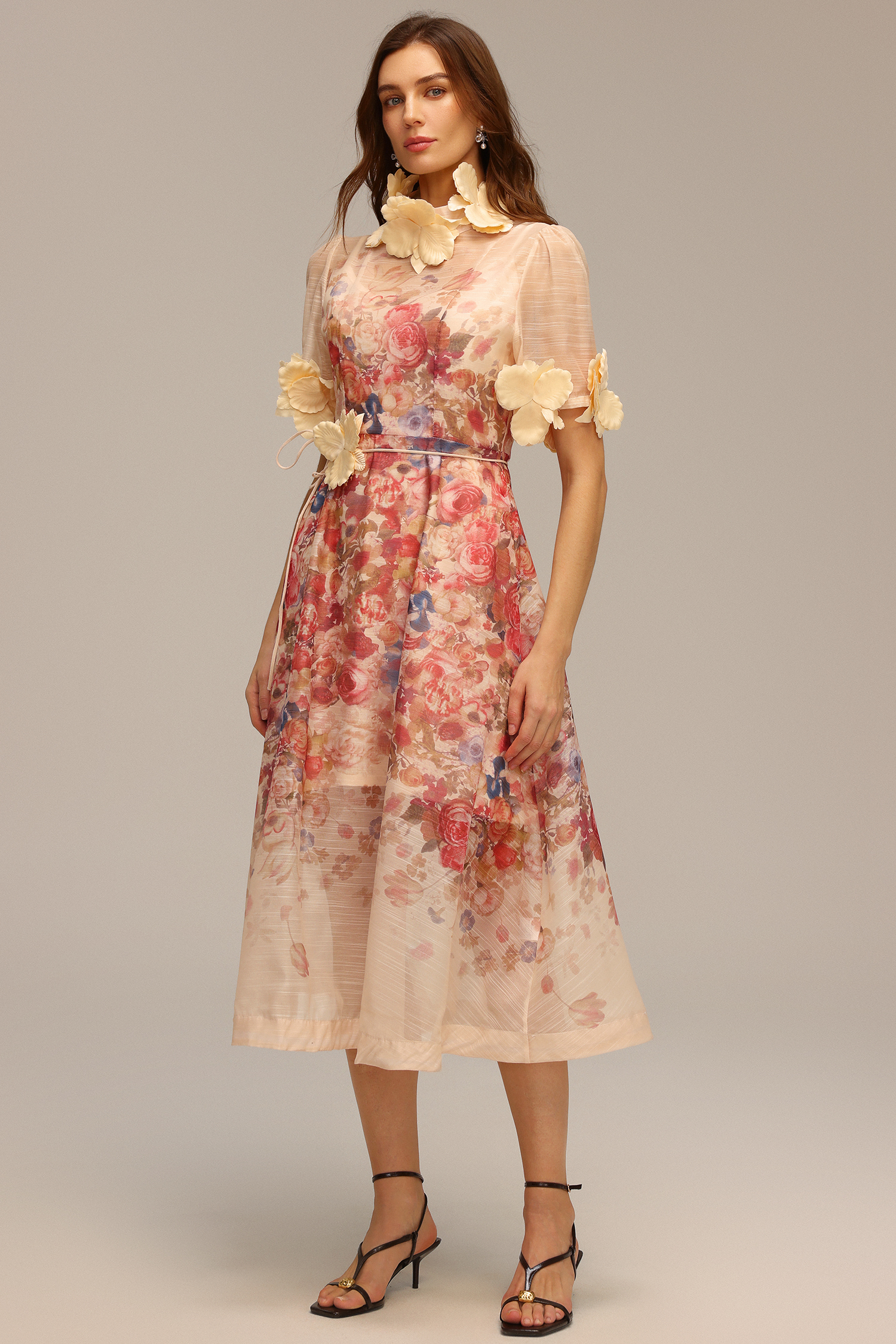Vernes Short Sleeve Printed Flowers Midi Dress