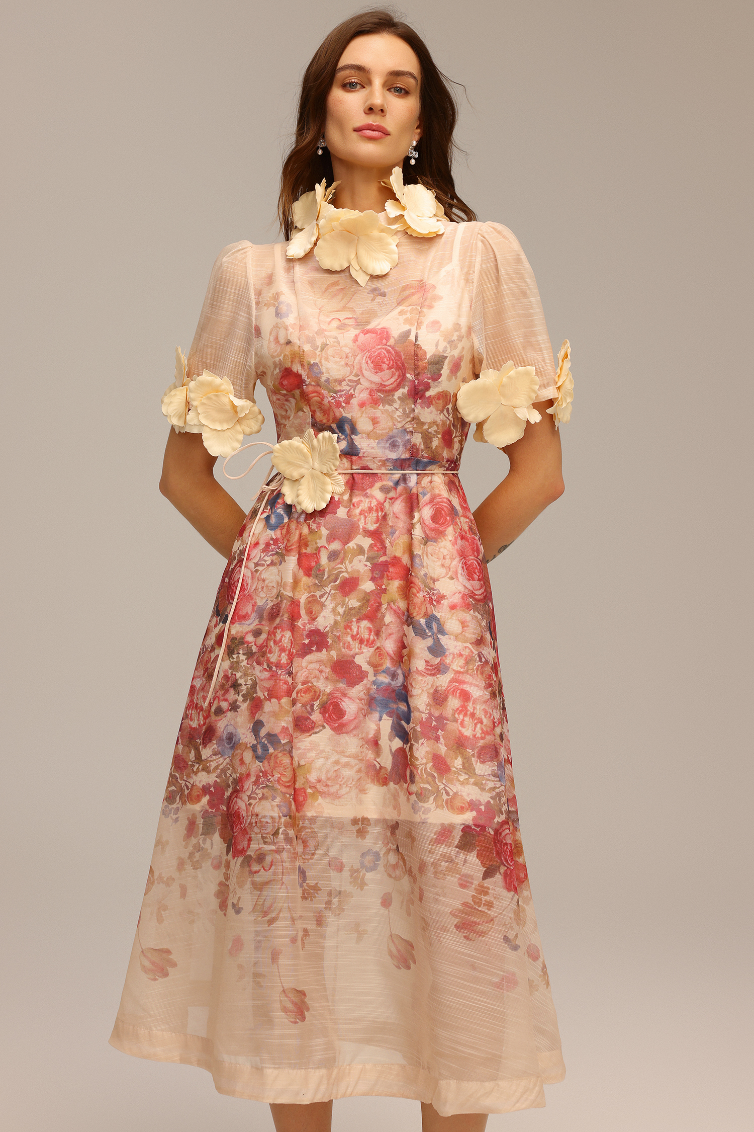 Vernes Short Sleeve Printed Flowers Midi Dress