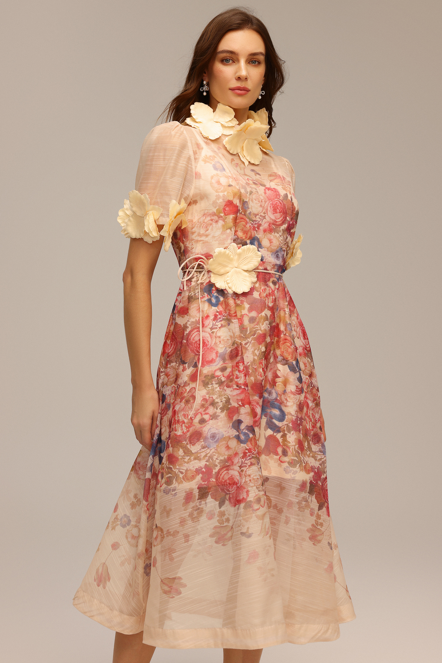 Vernes Short Sleeve Printed Flowers Midi Dress