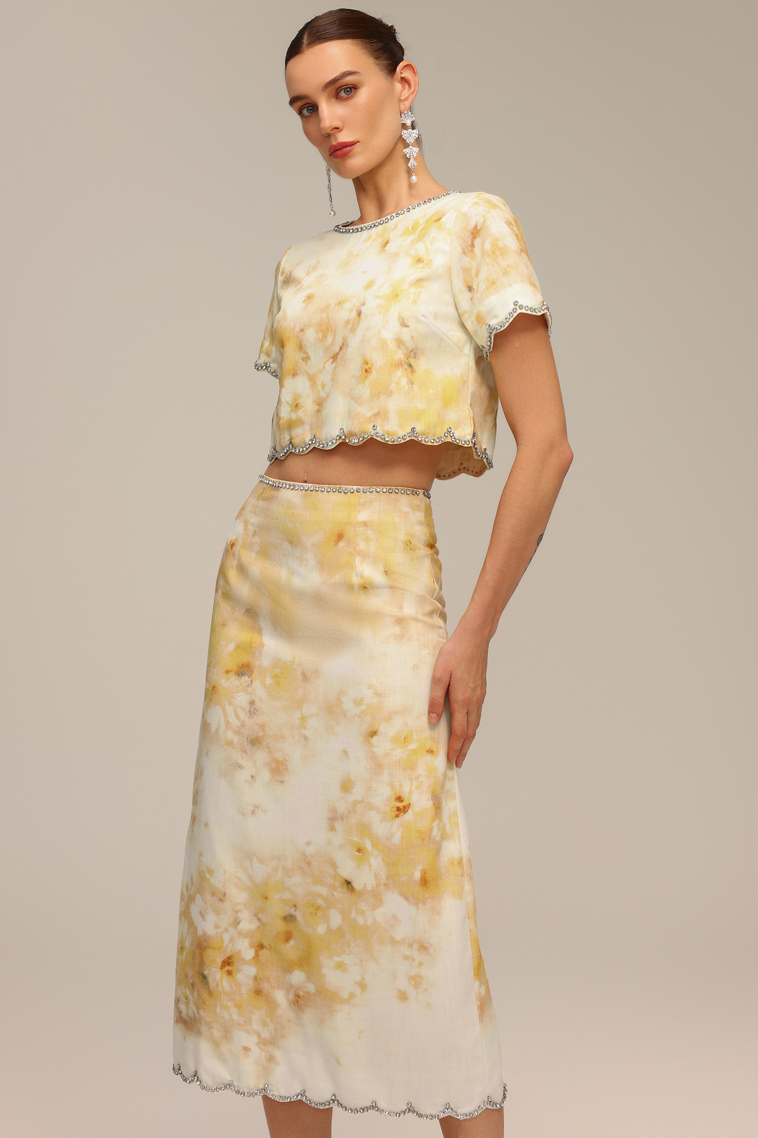Ymire Diamond Floral Printed Short Sleeve Top And Skirt Two-Piece Set