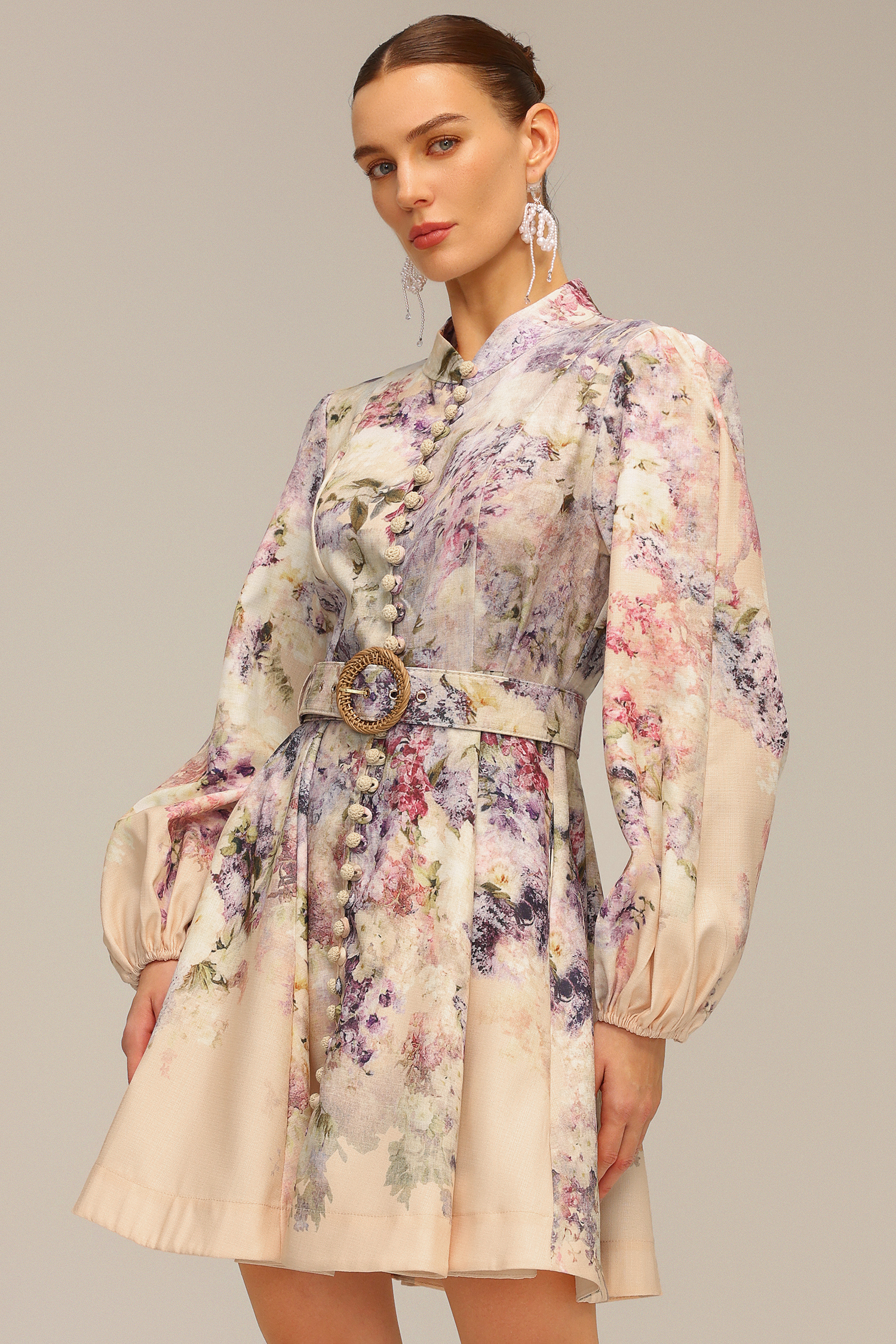 Patti Long Sleeve Floral Printed Mini Dress