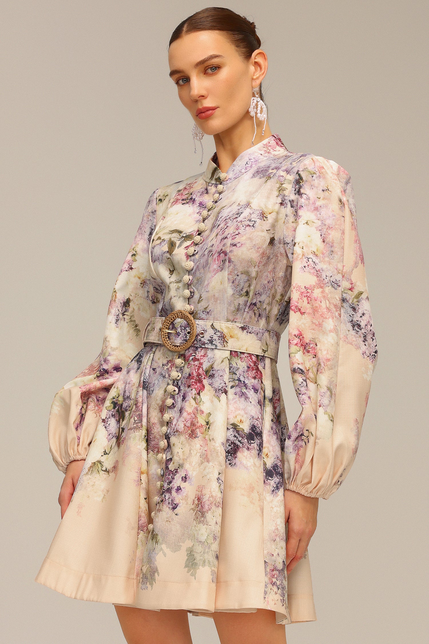 Patti Long Sleeve Floral Printed Mini Dress