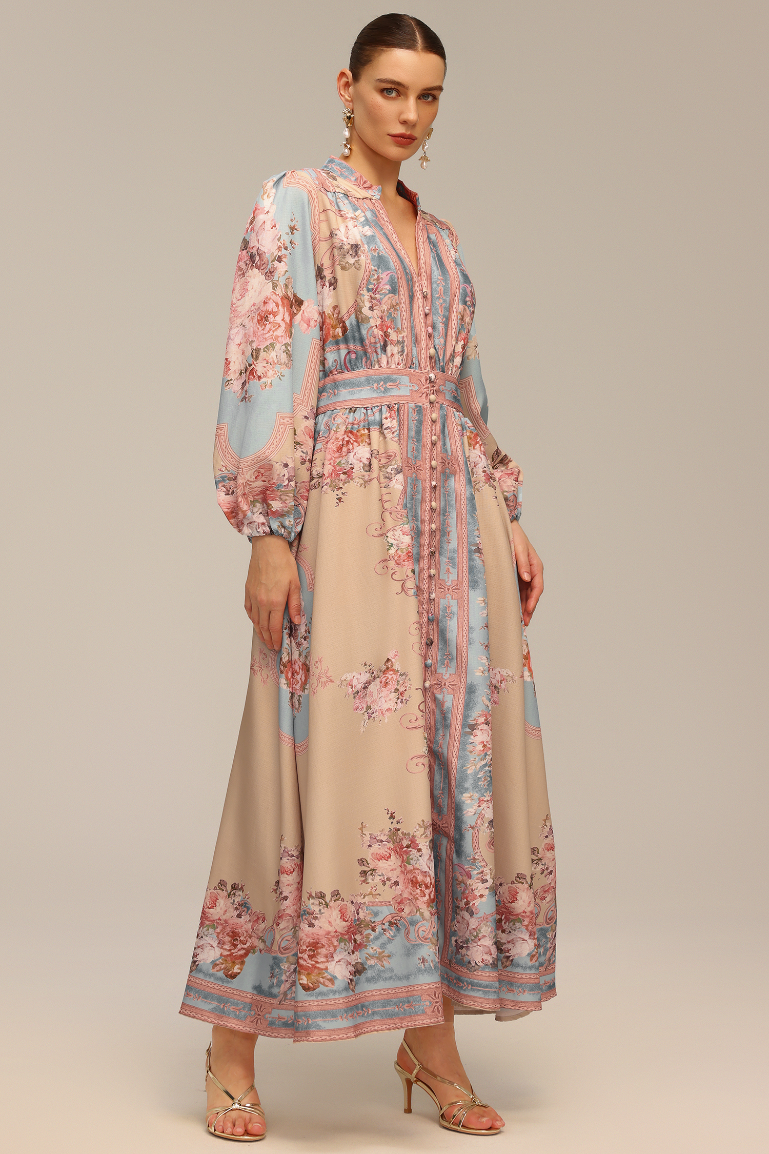 Dorte Long Sleeve Floral Printed Maxi Dress