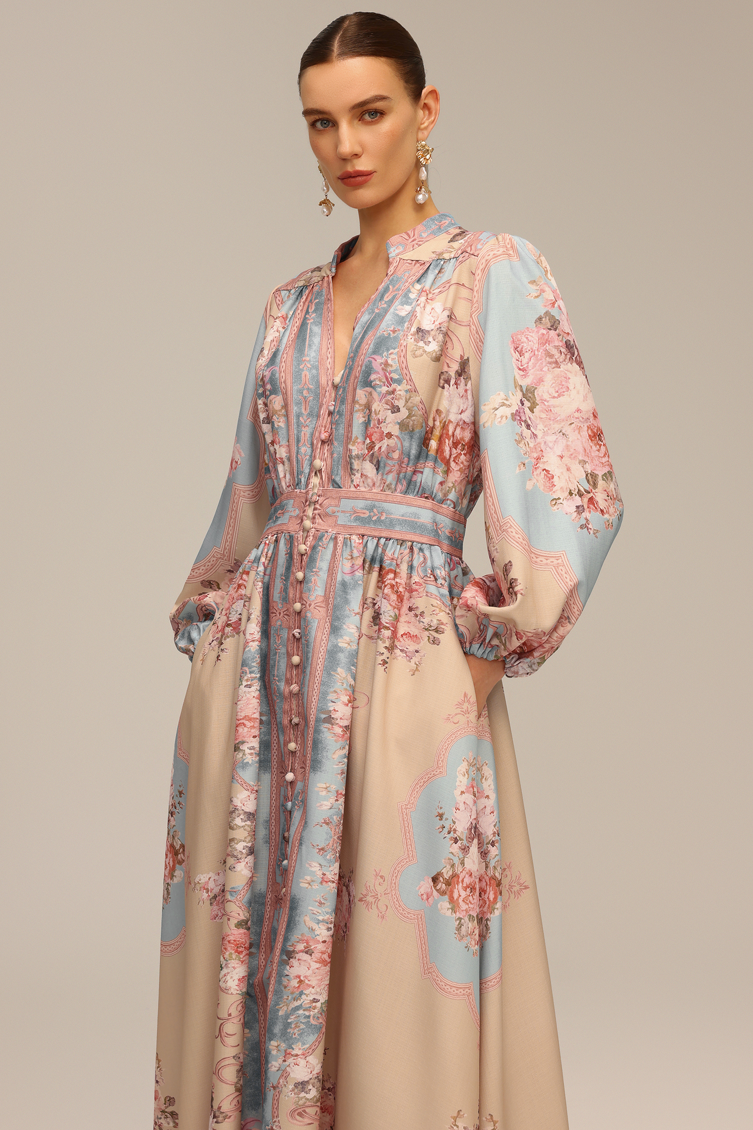Dorte Long Sleeve Floral Printed Maxi Dress