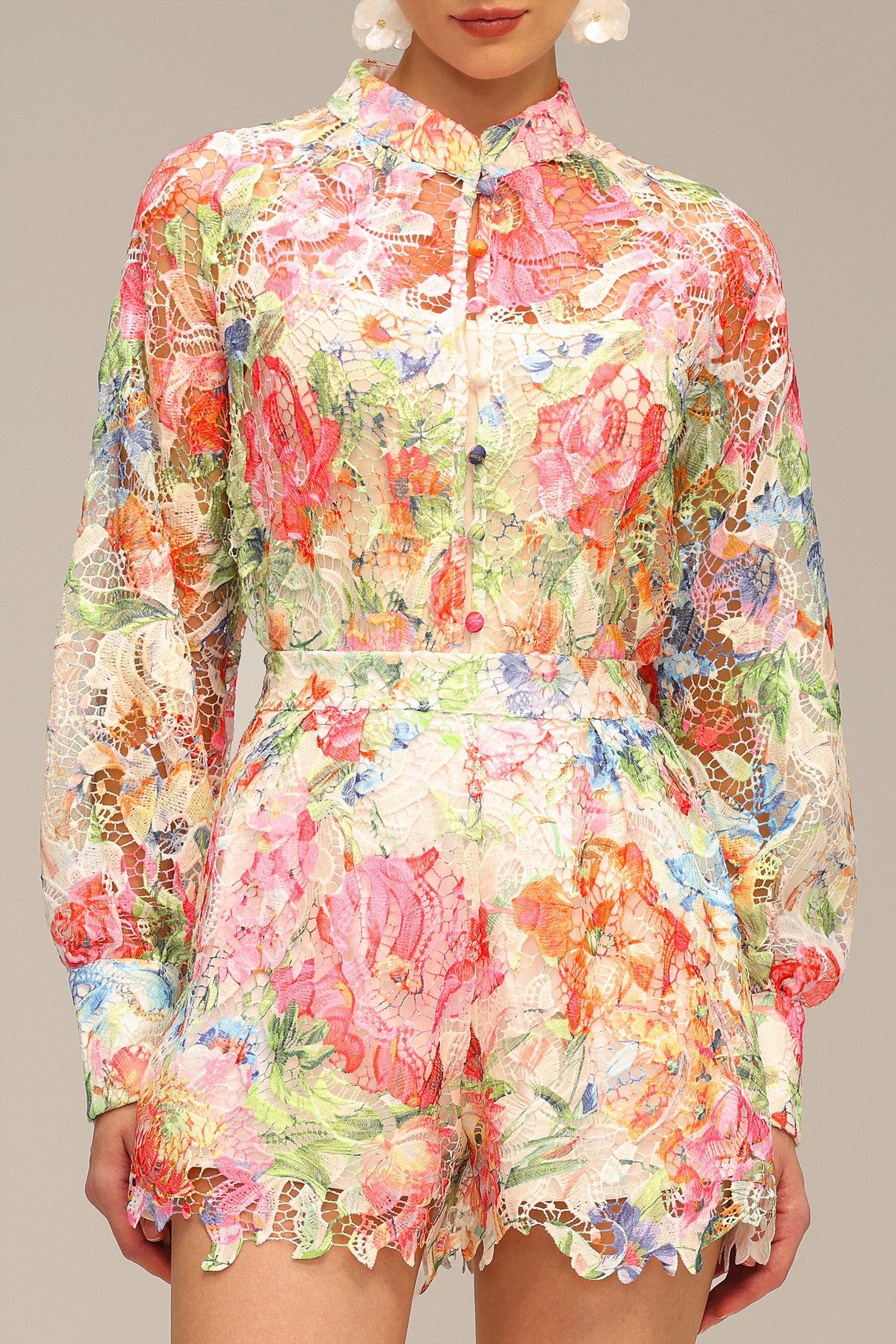 Penpe Long Sleeve Floral Printed Lace Top And Shorts Two-Piece Set