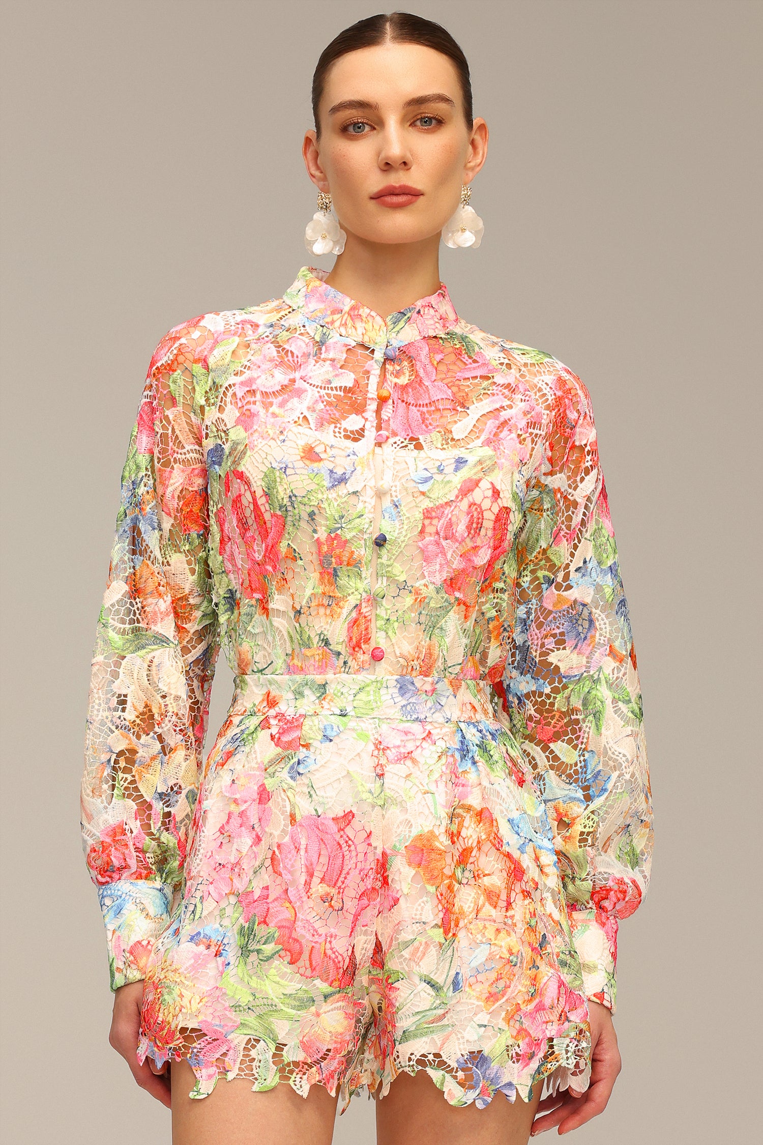 Penpe Long Sleeve Floral Printed Lace Top And Shorts Two-Piece Set