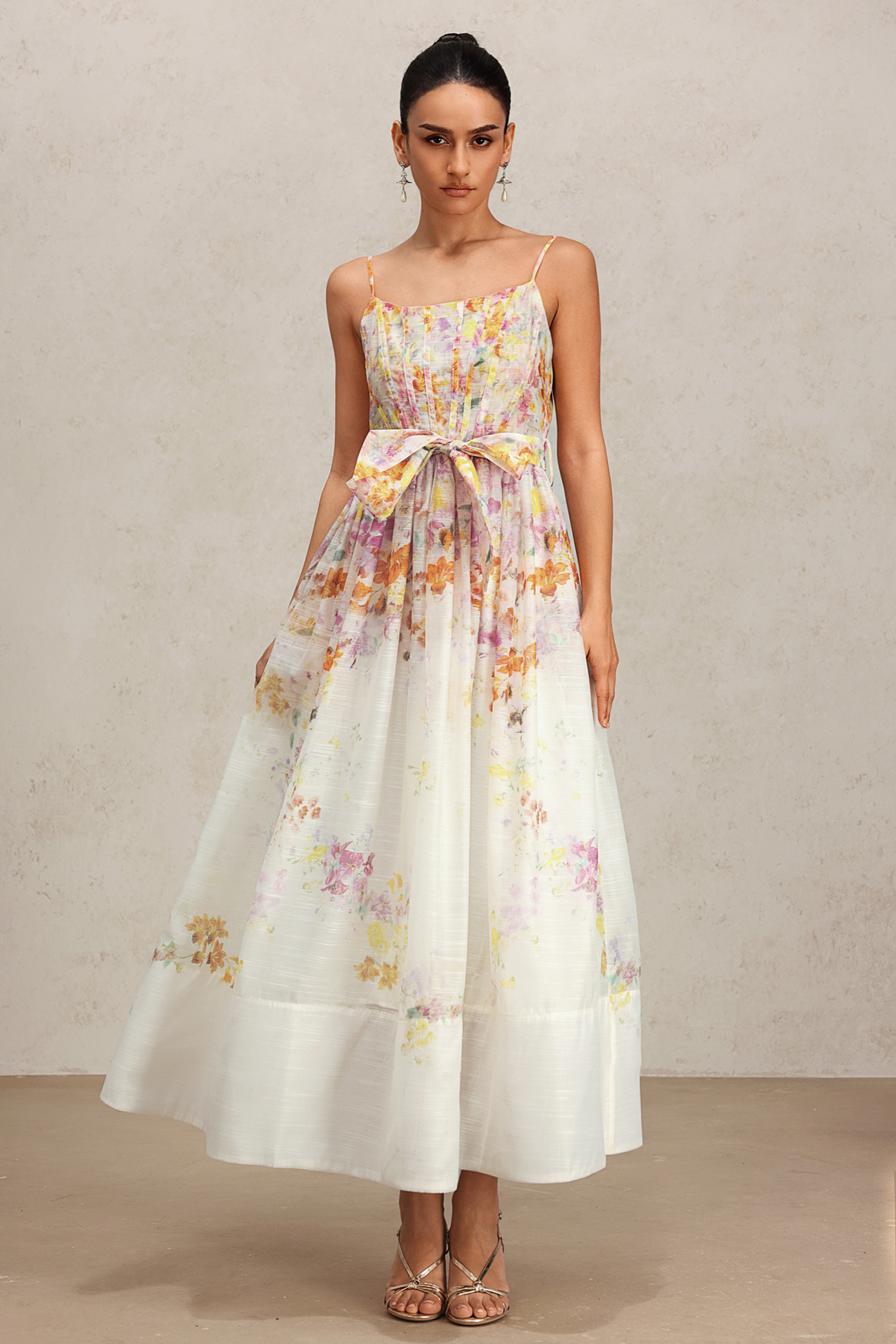 Debra Halter Bowknot Floral Printed Midi Dress