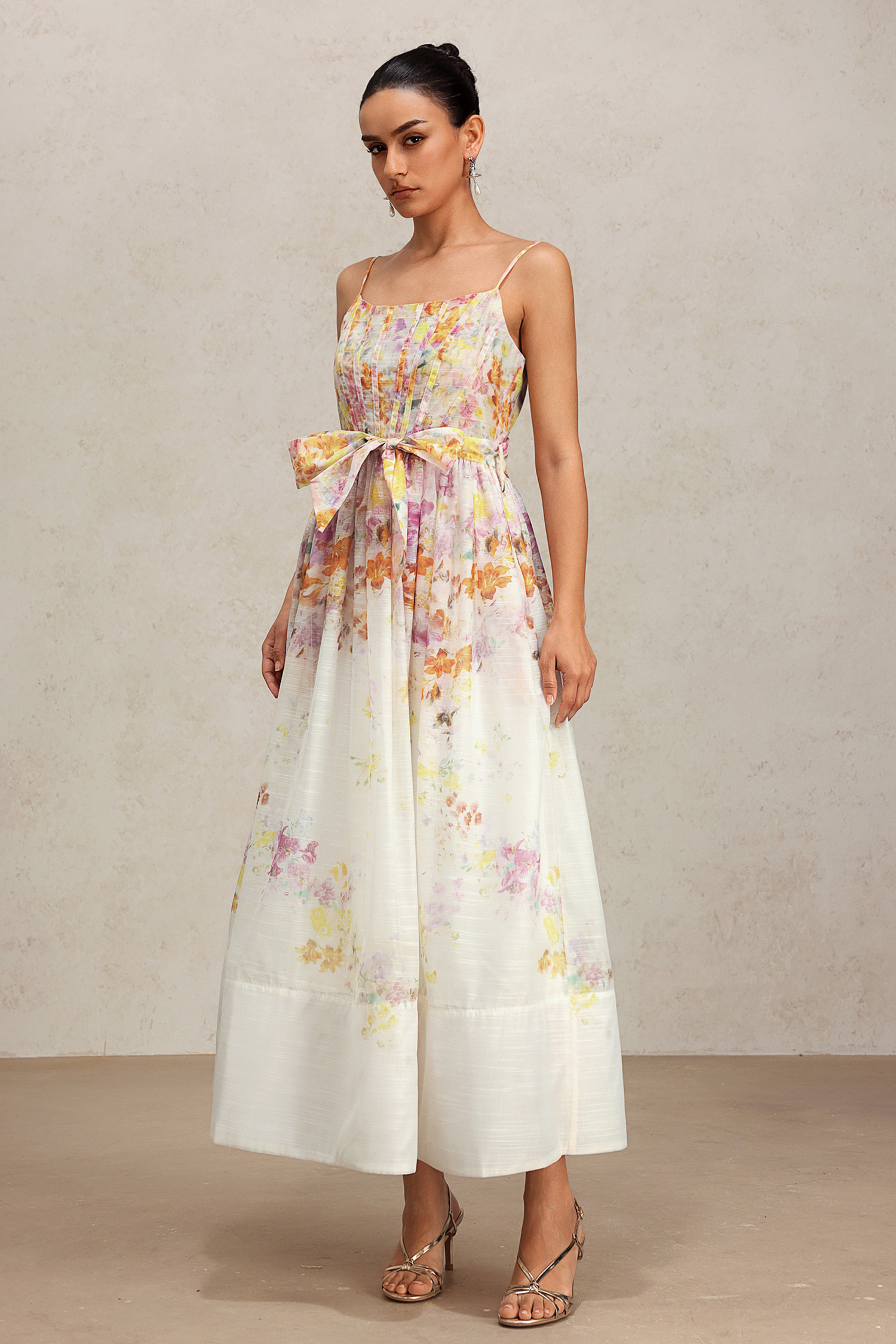 Debra Halter Bowknot Floral Printed Midi Dress