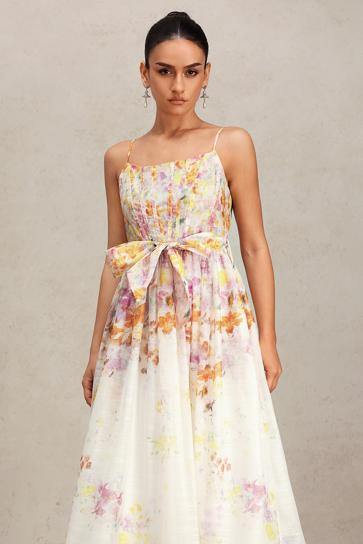 Debra Halter Bowknot Floral Printed Midi Dress