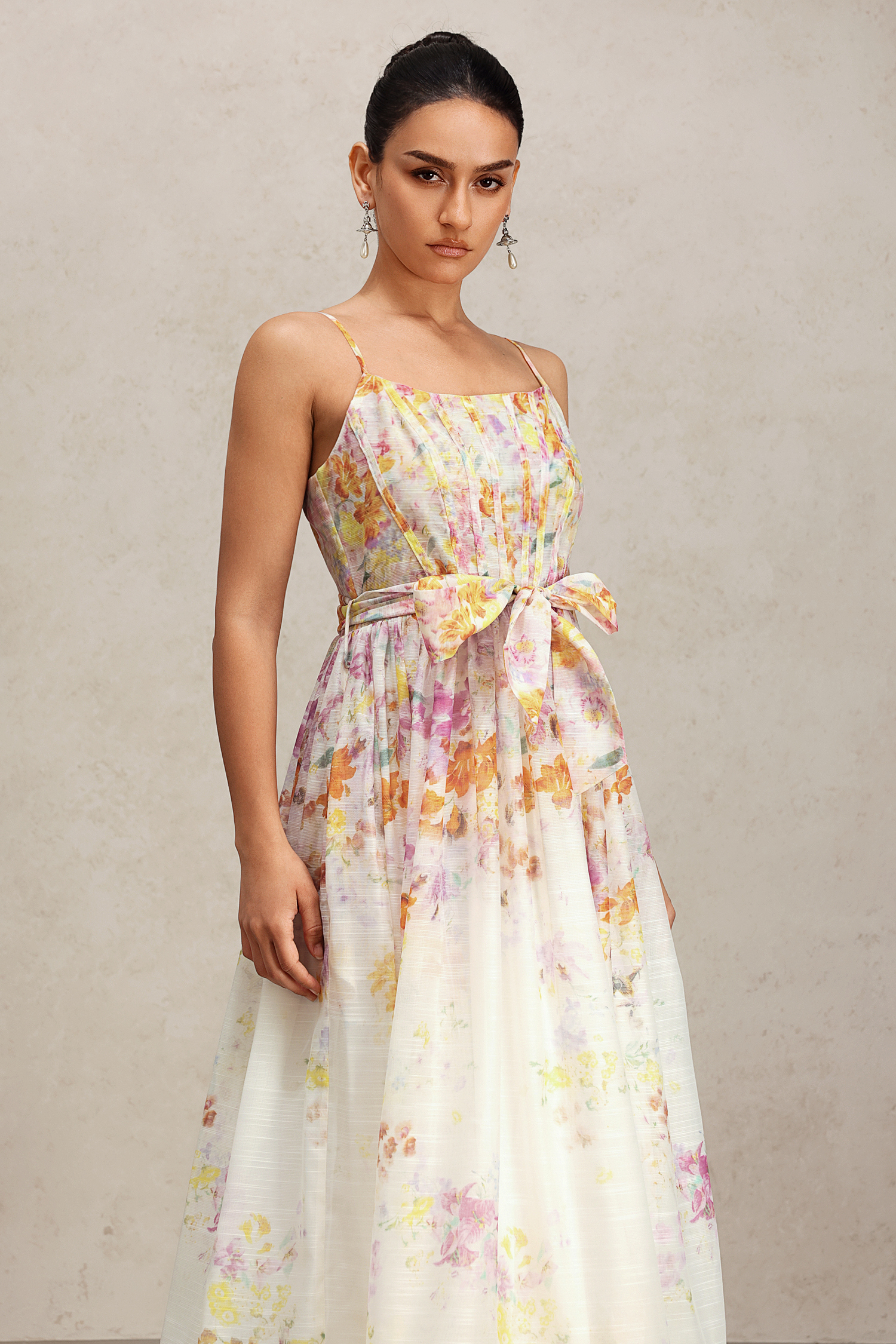 Debra Halter Bowknot Floral Printed Midi Dress