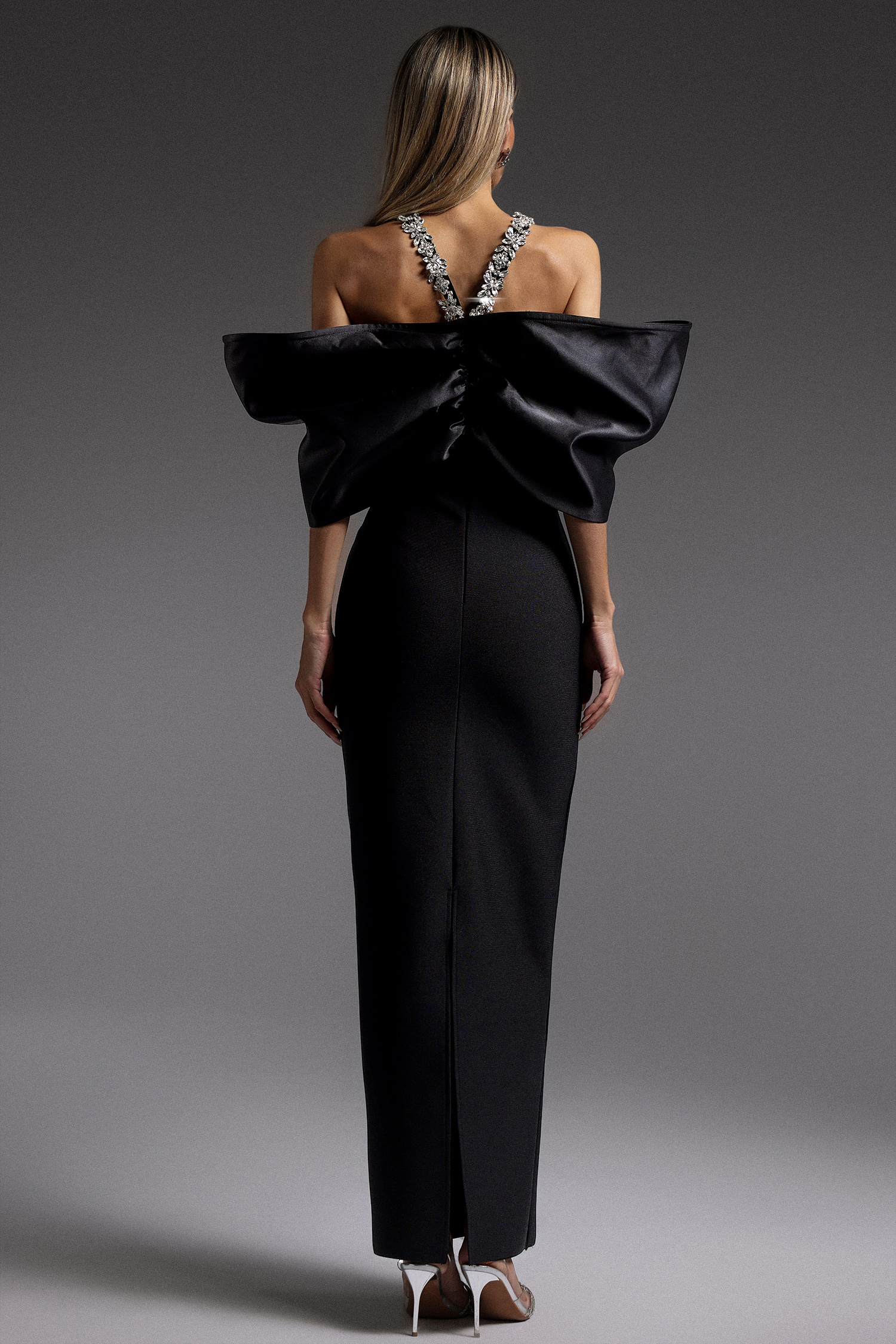 Sloan Halter Diamond Off-The-Shoulder Bandage Maxi Dress