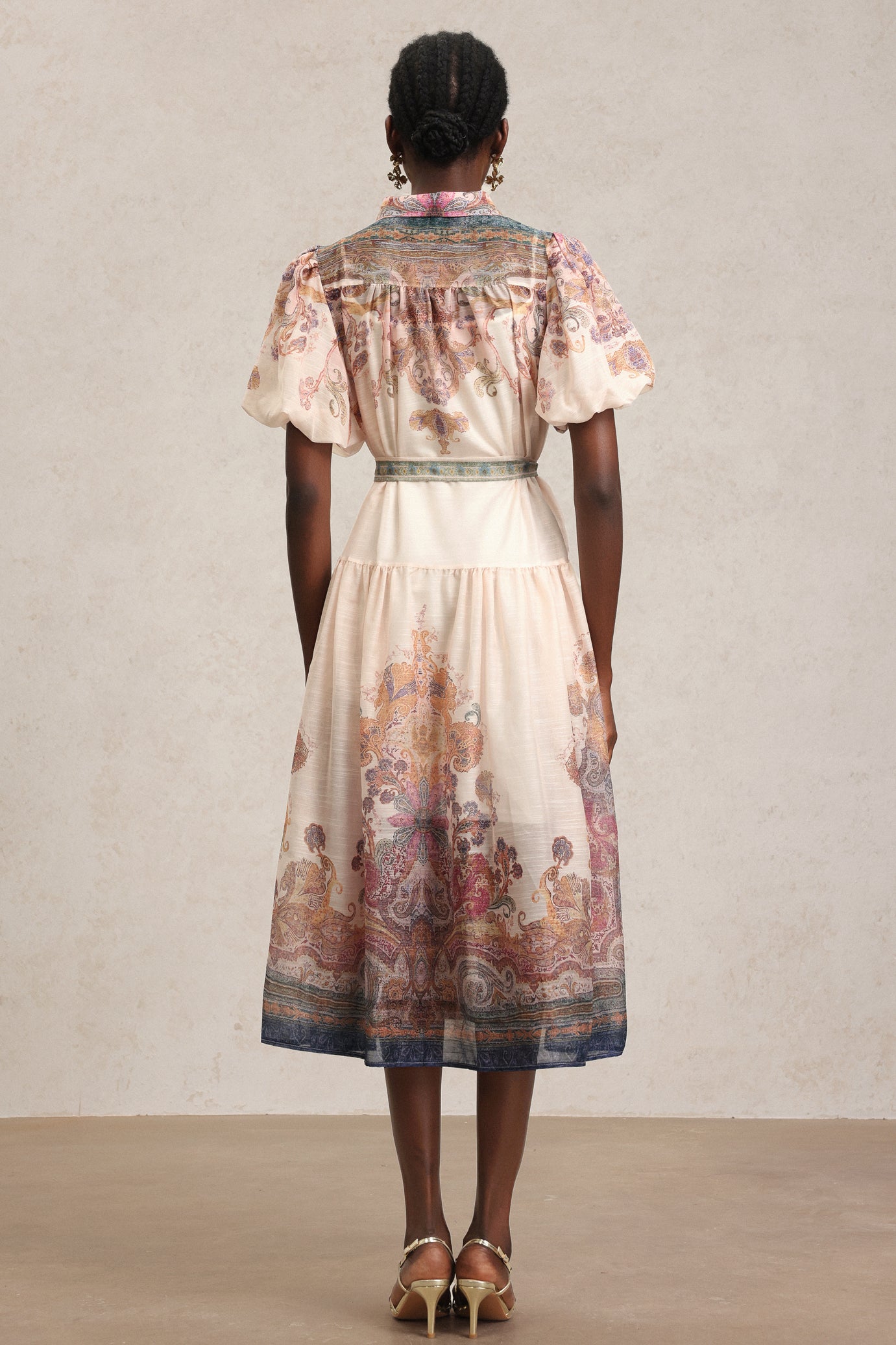 Tusare Lapel Floral Printed Midi Dress