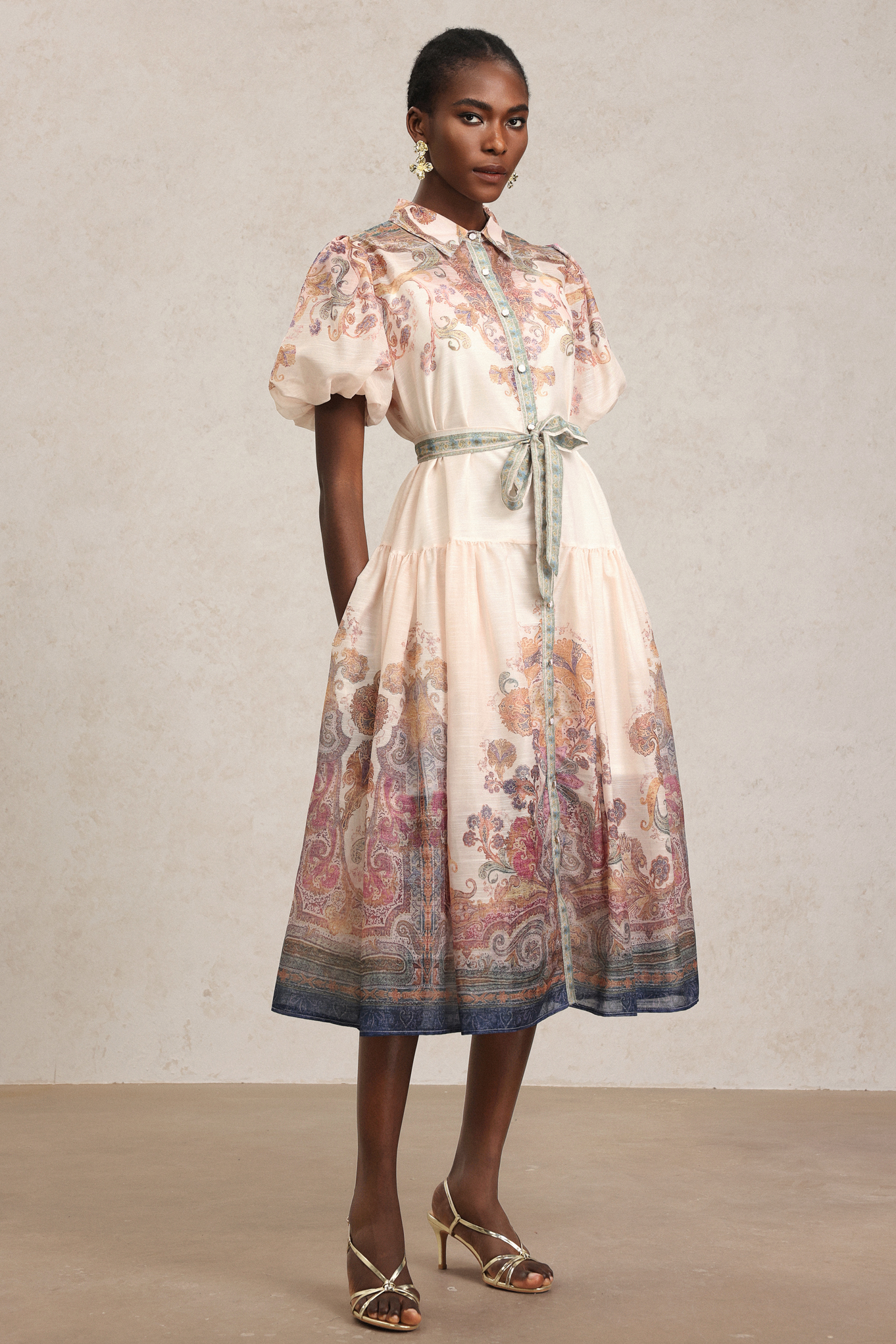 Tusare Lapel Floral Printed Midi Dress