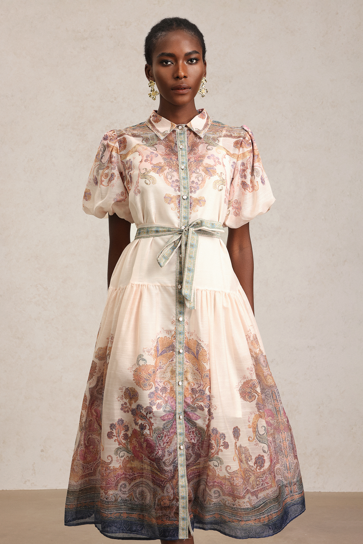 Tusare Lapel Floral Printed Midi Dress