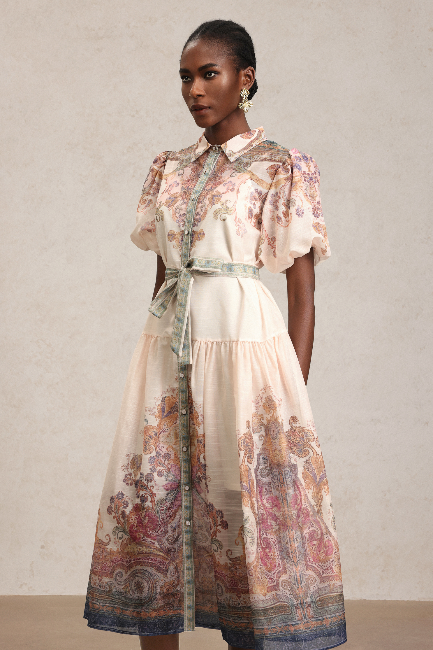 Tusare Lapel Floral Printed Midi Dress