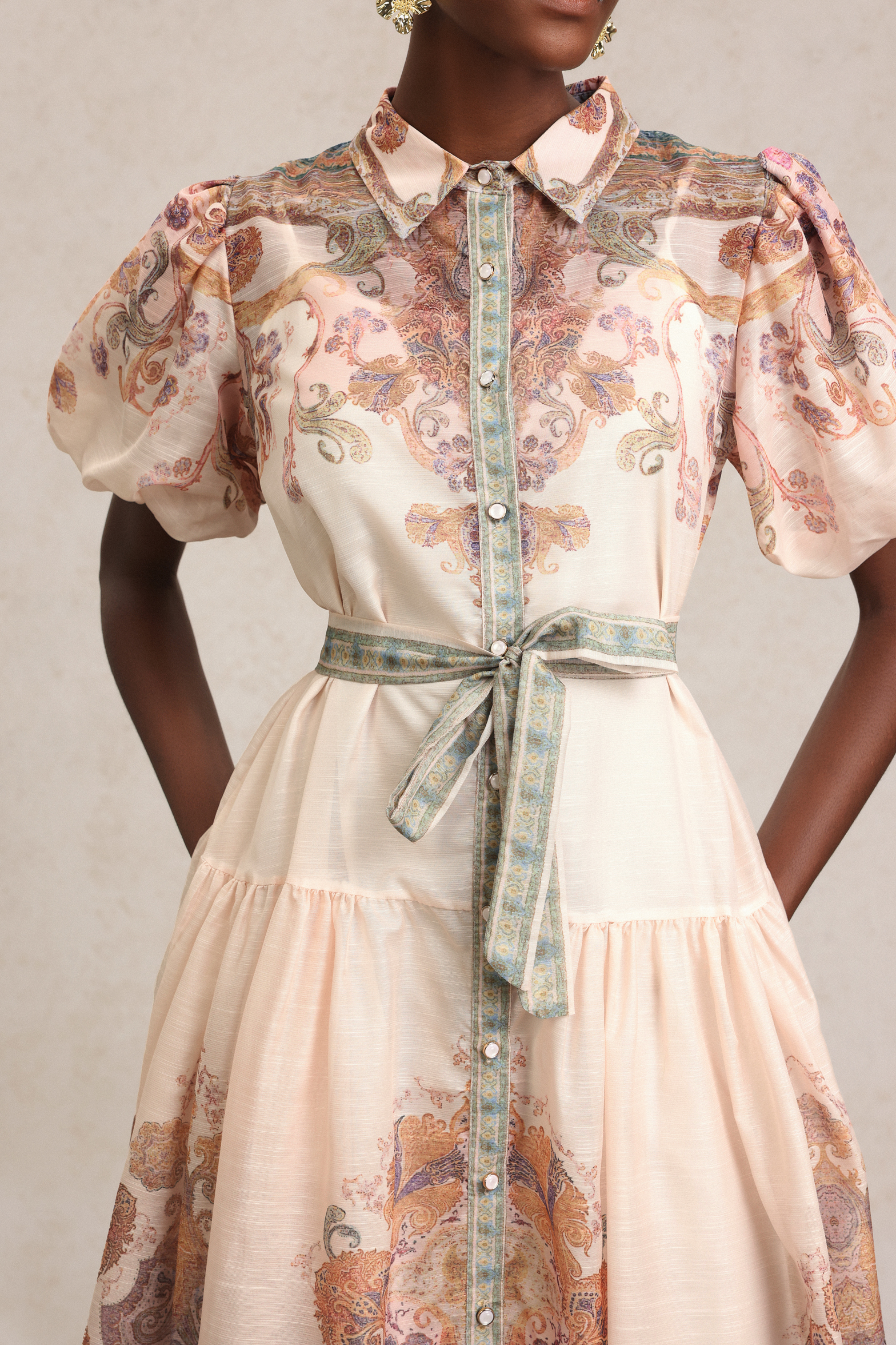 Tusare Lapel Floral Printed Midi Dress