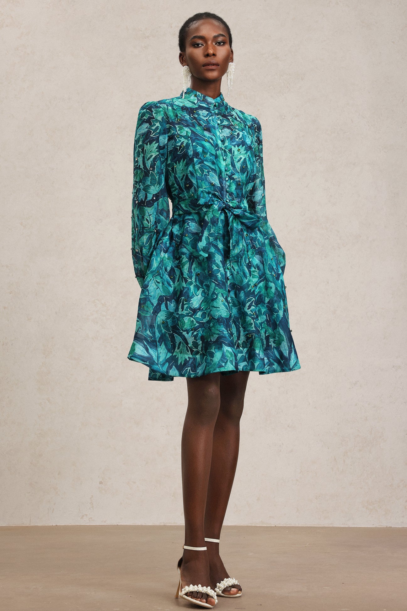 Elleri Long Sleeve Diamond Floral Printed Mini Dress