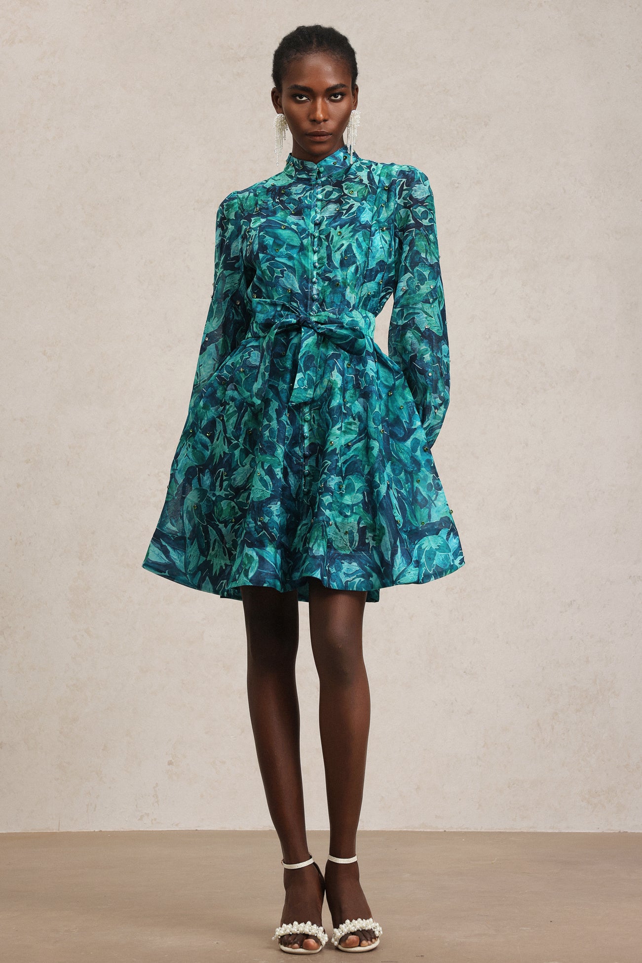 Elleri Long Sleeve Diamond Floral Printed Mini Dress