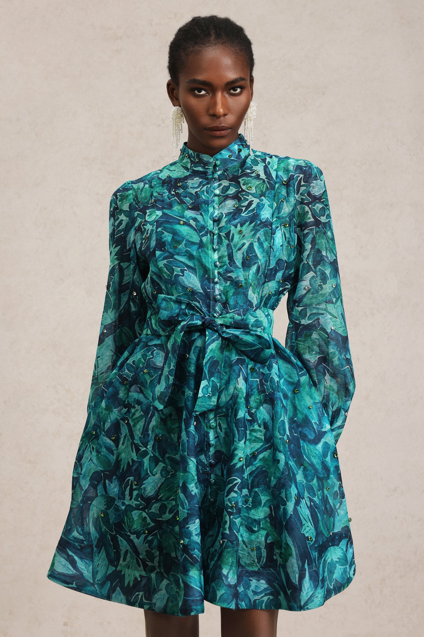 Elleri Long Sleeve Diamond Floral Printed Mini Dress