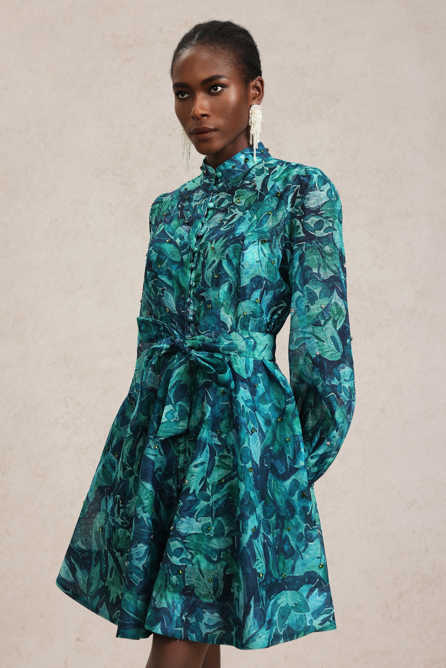 Elleri Long Sleeve Diamond Floral Printed Mini Dress