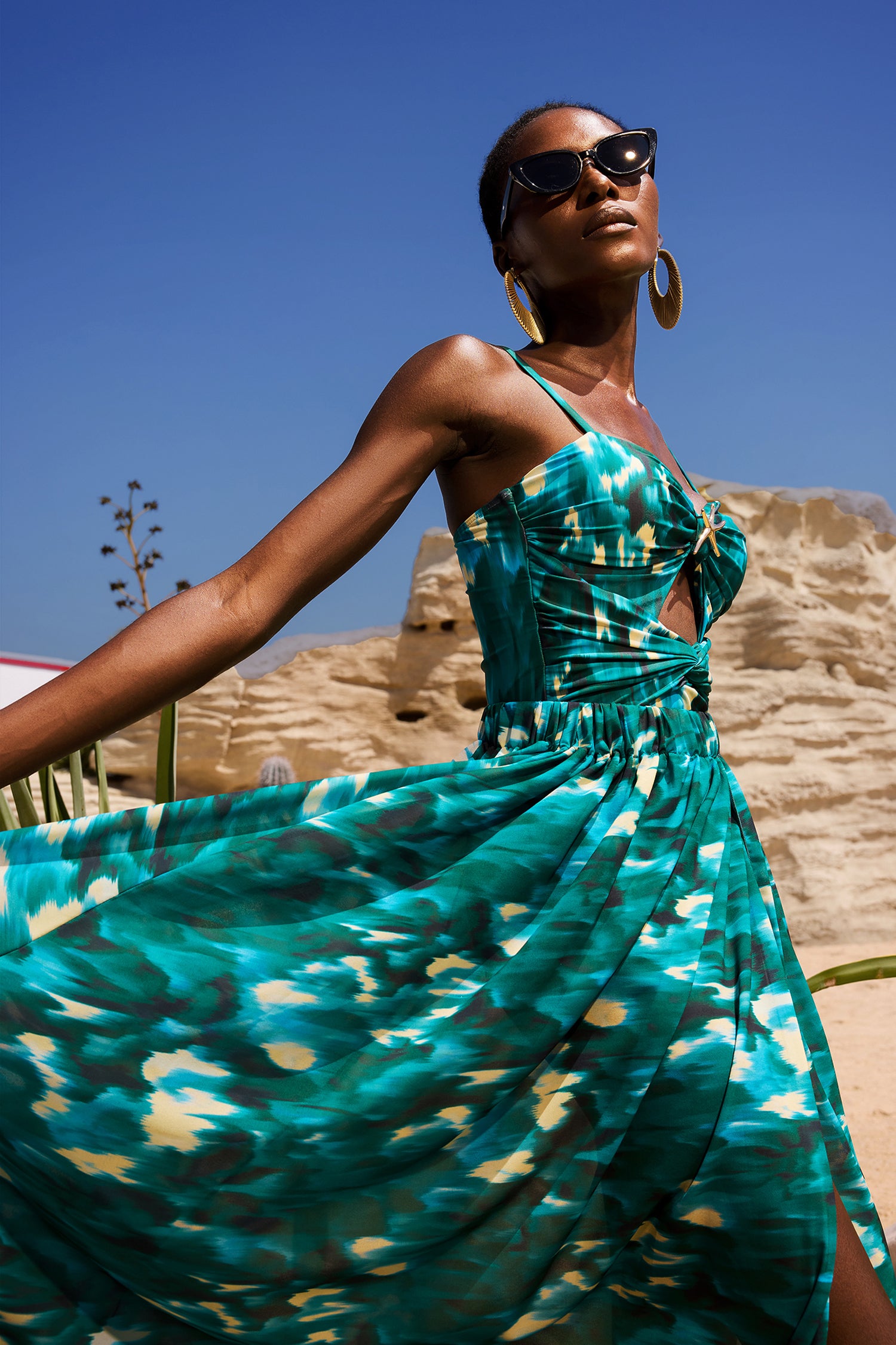 Habane Printing Sleeveless Hollow Out Slit Mini Swimwear Two-Piece Set