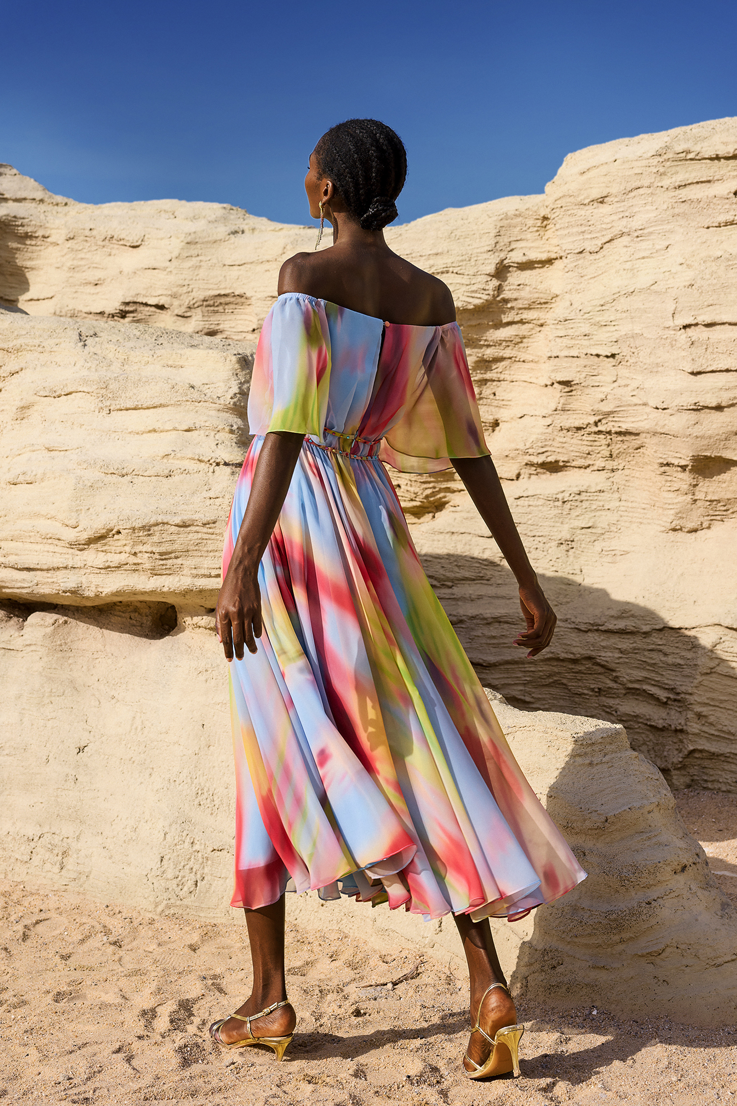 Zaysha Off-The-Shoulder Hollow Out Printing Midi Dress