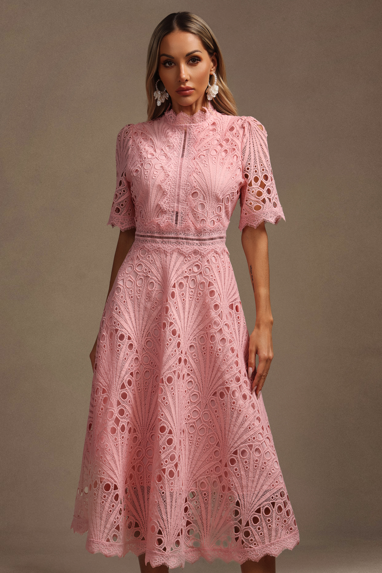 Lzada Short Sleeves Lace Hollow Out Midi Dress