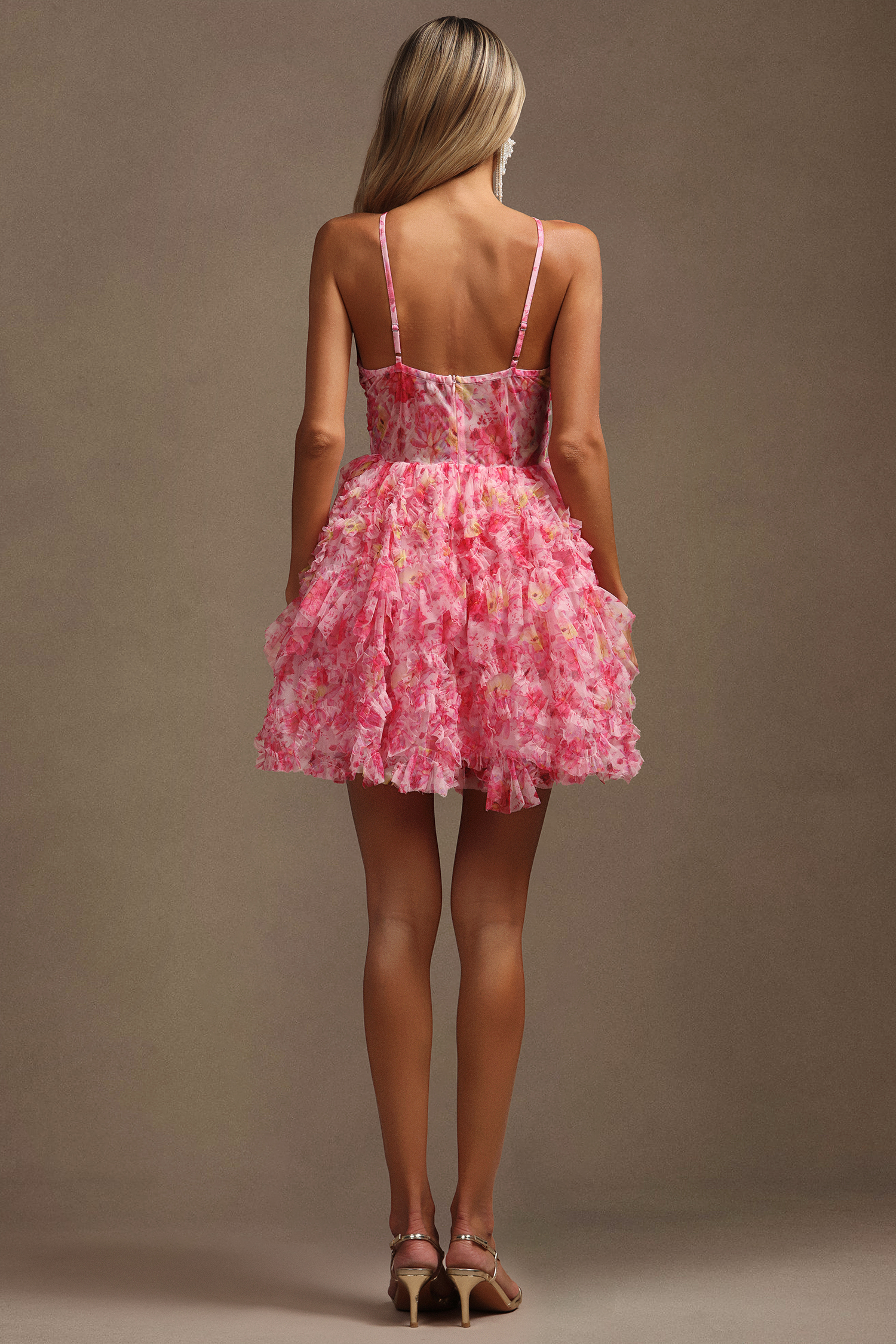 Daware Sleeveless Flower Printed Hollow Out Folds Mini Dress