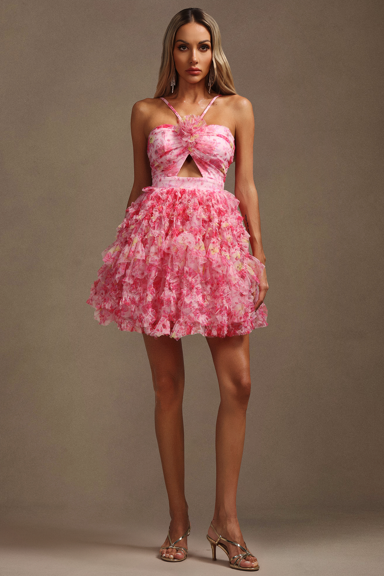 Daware Sleeveless Flower Printed Hollow Out Folds Mini Dress