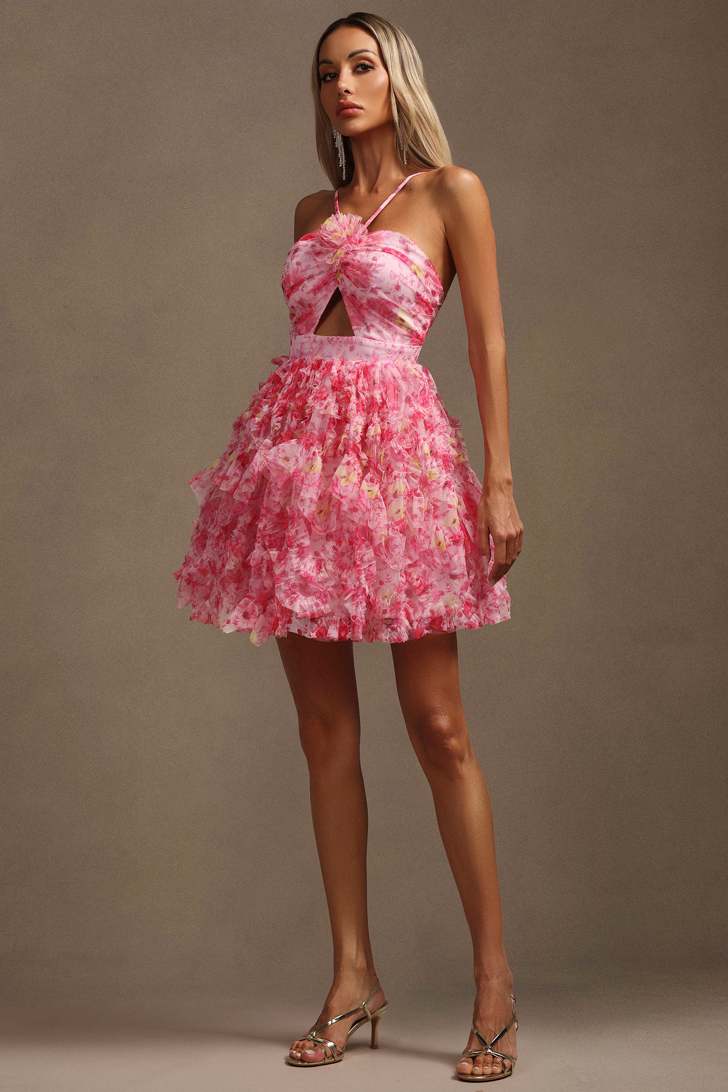 Daware Sleeveless Flower Printed Hollow Out Folds Mini Dress