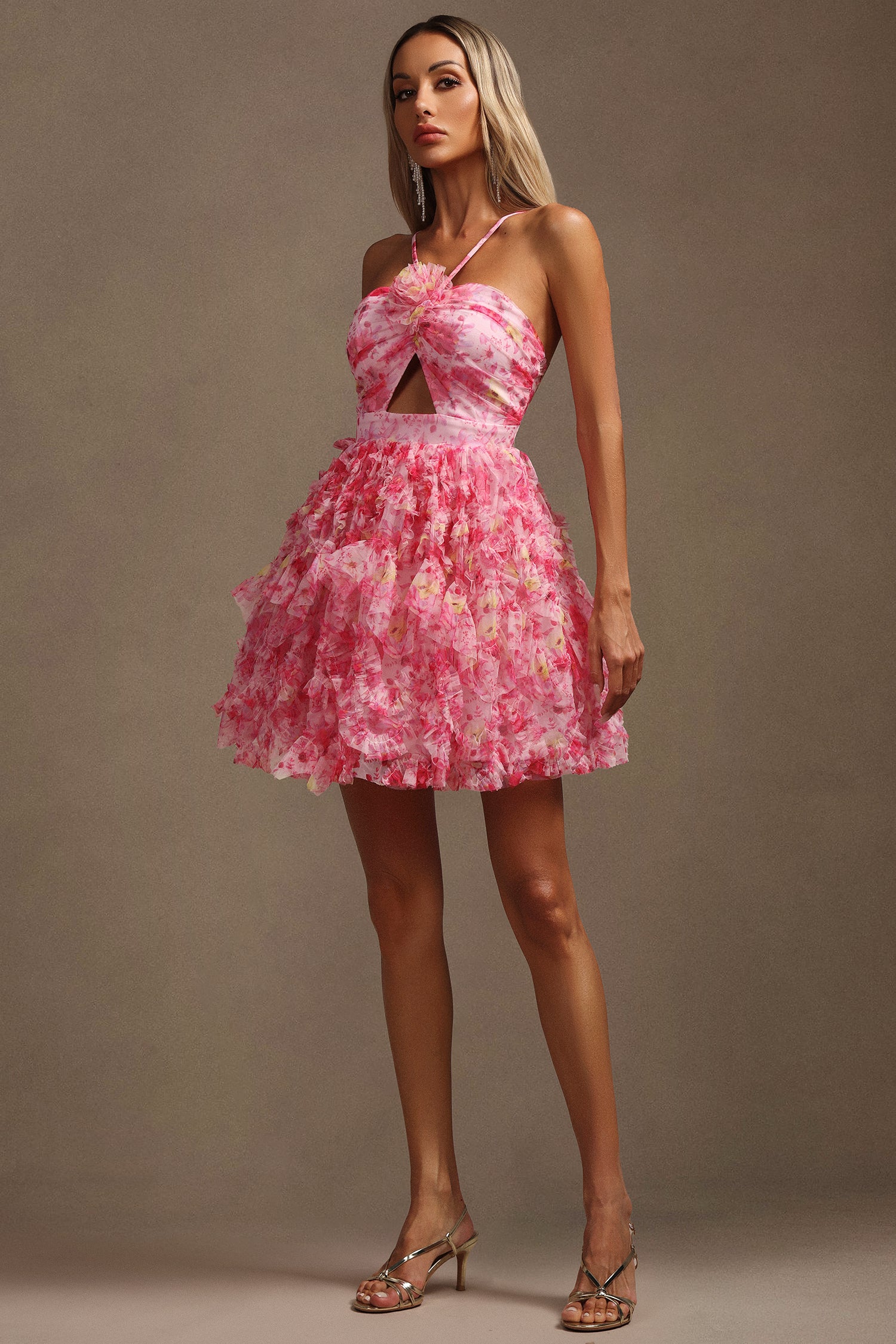 Daware Sleeveless Flower Printed Hollow Out Folds Mini Dress