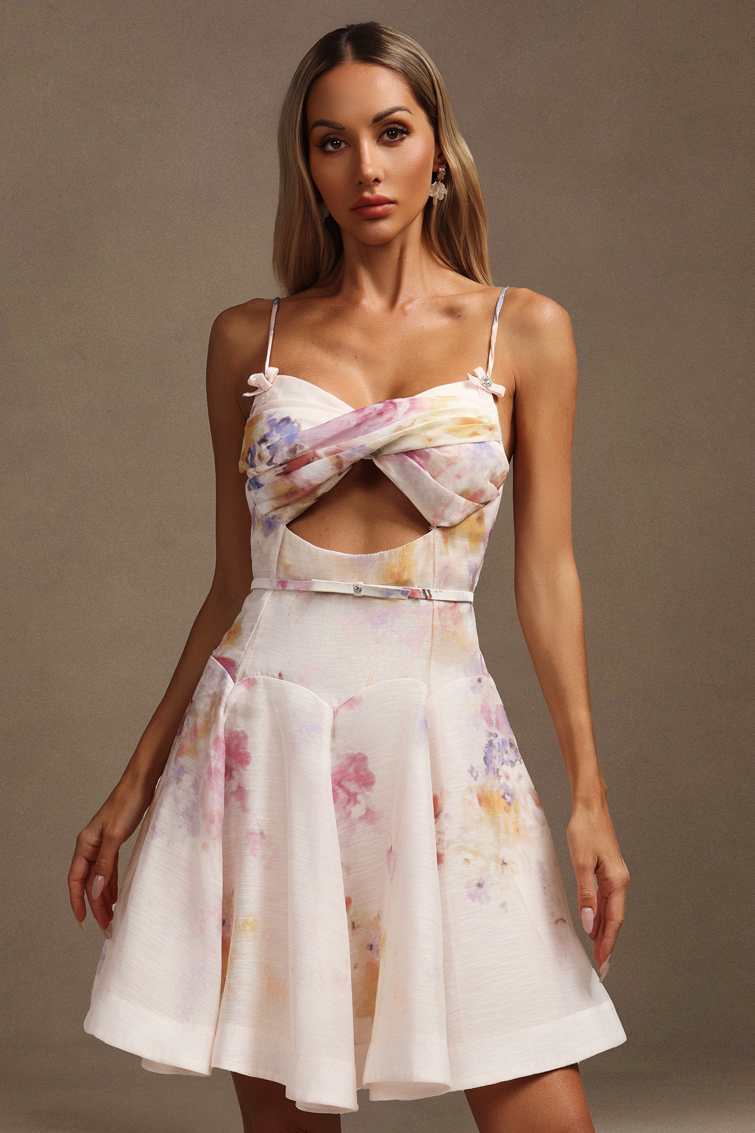 Kaliana Halter Floral Printed Hollow Out Mini Dress
