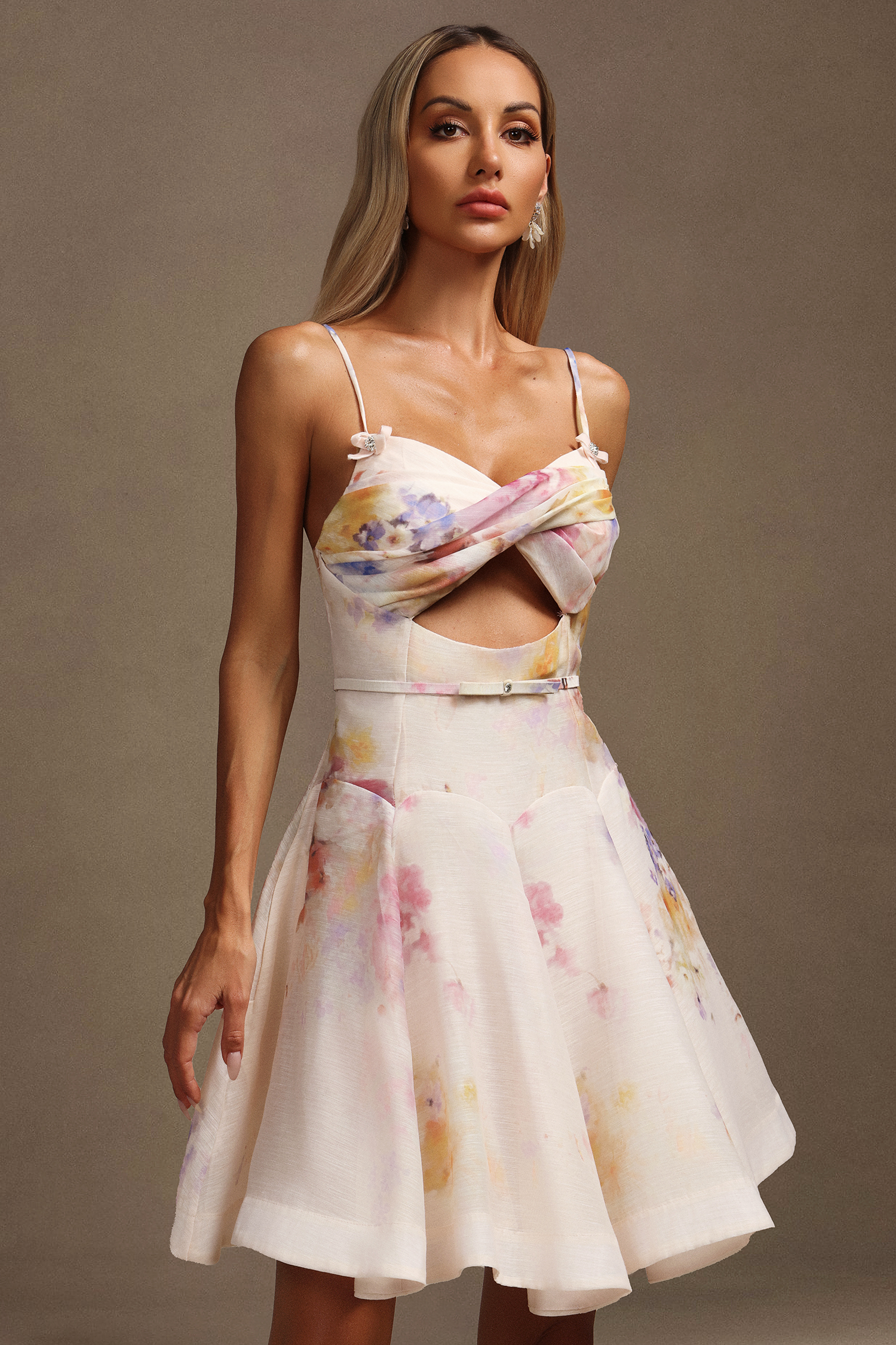 Kaliana Halter Floral Printed Hollow Out Mini Dress