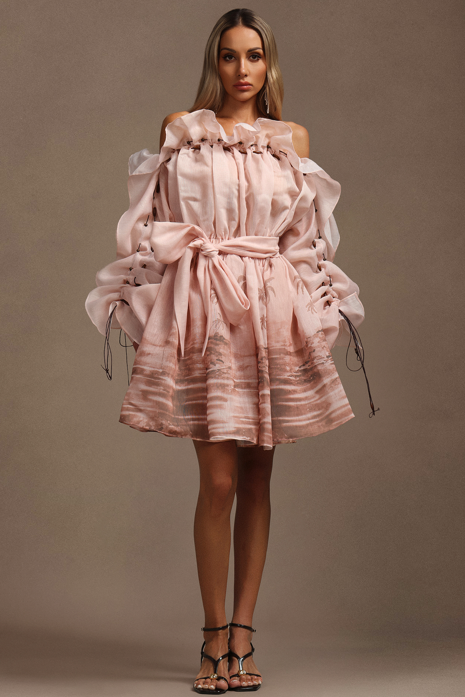 Rosee Long Sleeves Off-The-Shoulder Printed Folds Mini Dress