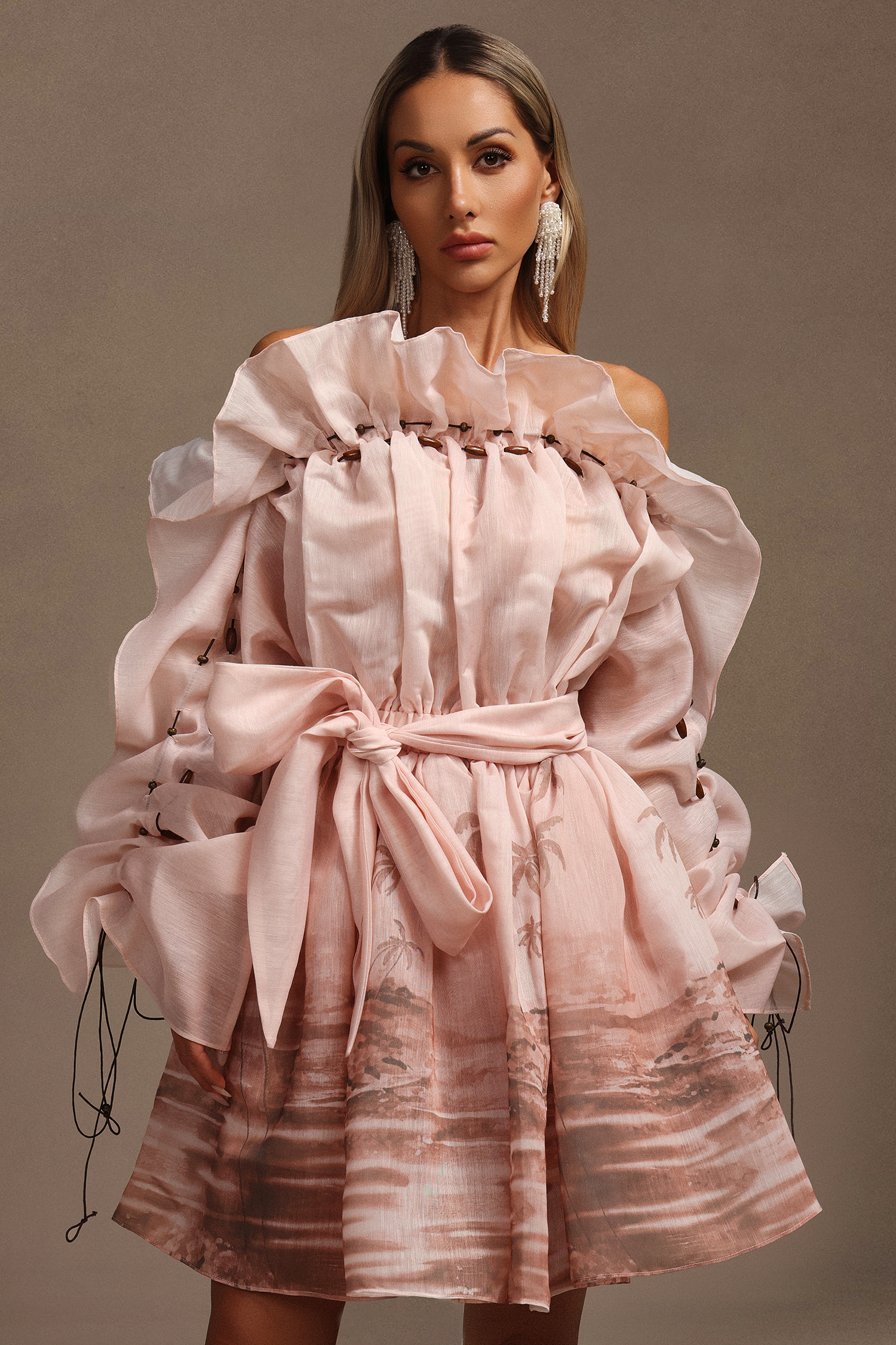 Rosee Long Sleeves Off-The-Shoulder Printed Folds Mini Dress