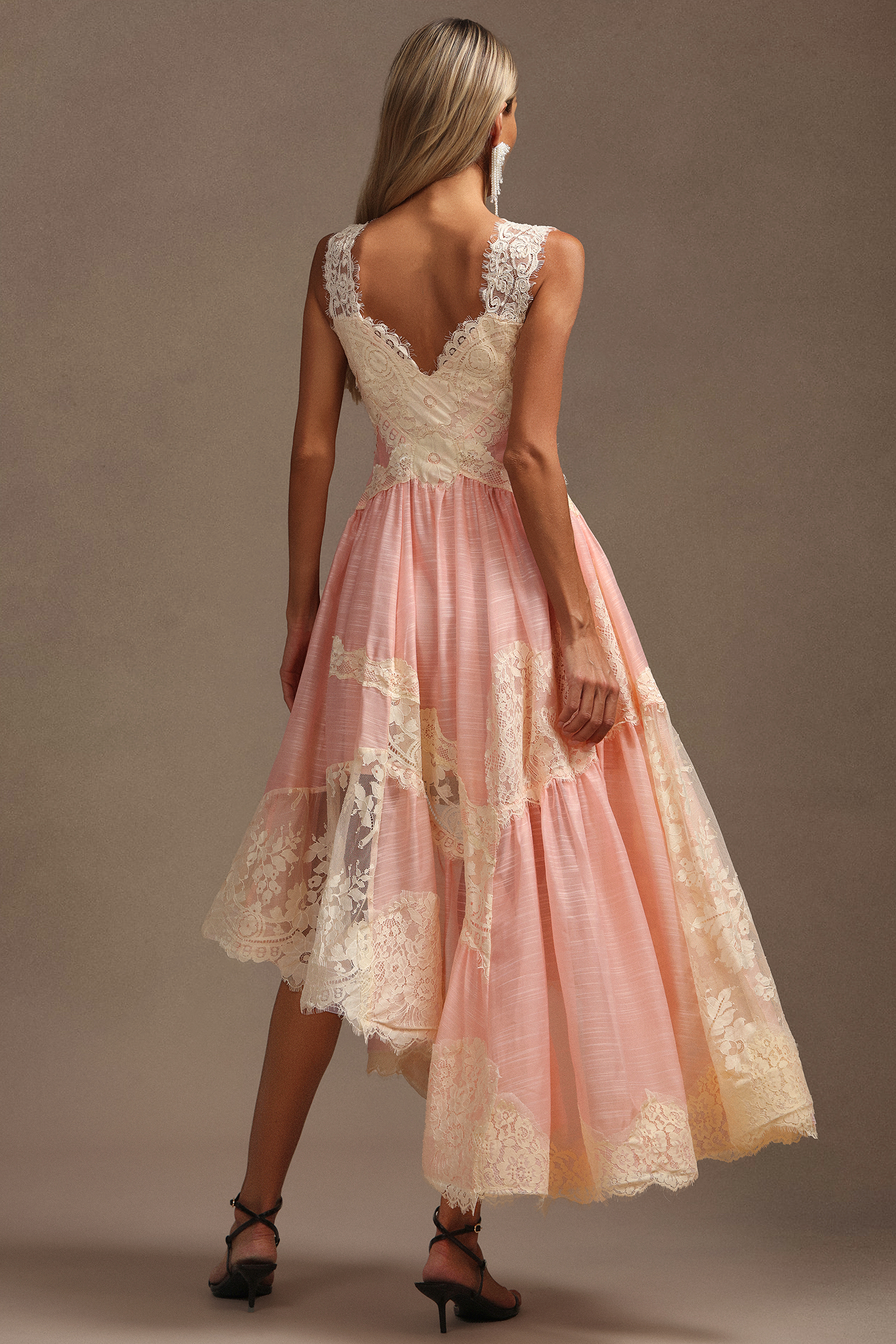 Kerin V-Neck Halter Asymmetric Lace Midi Dress