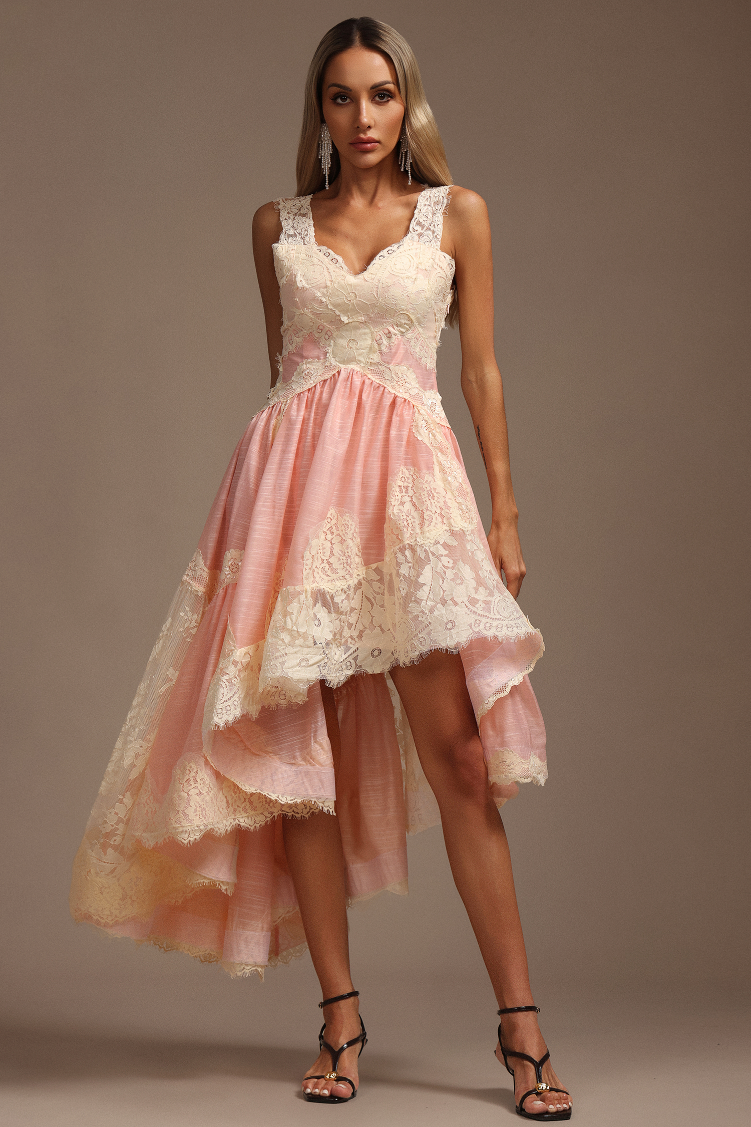 Kerin V-Neck Halter Asymmetric Lace Midi Dress