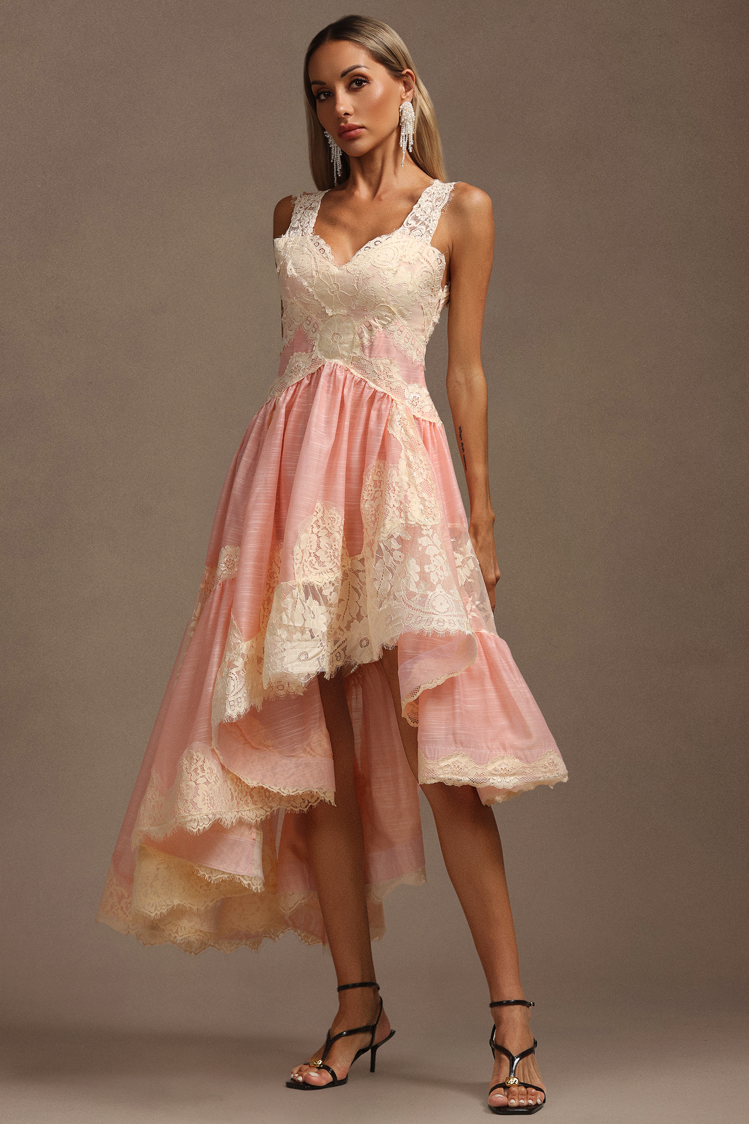 Kerin V-Neck Halter Asymmetric Lace Midi Dress