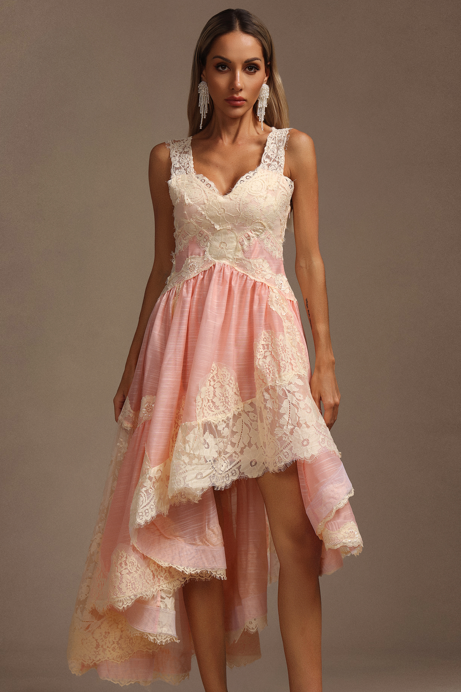 Kerin V-Neck Halter Asymmetric Lace Midi Dress